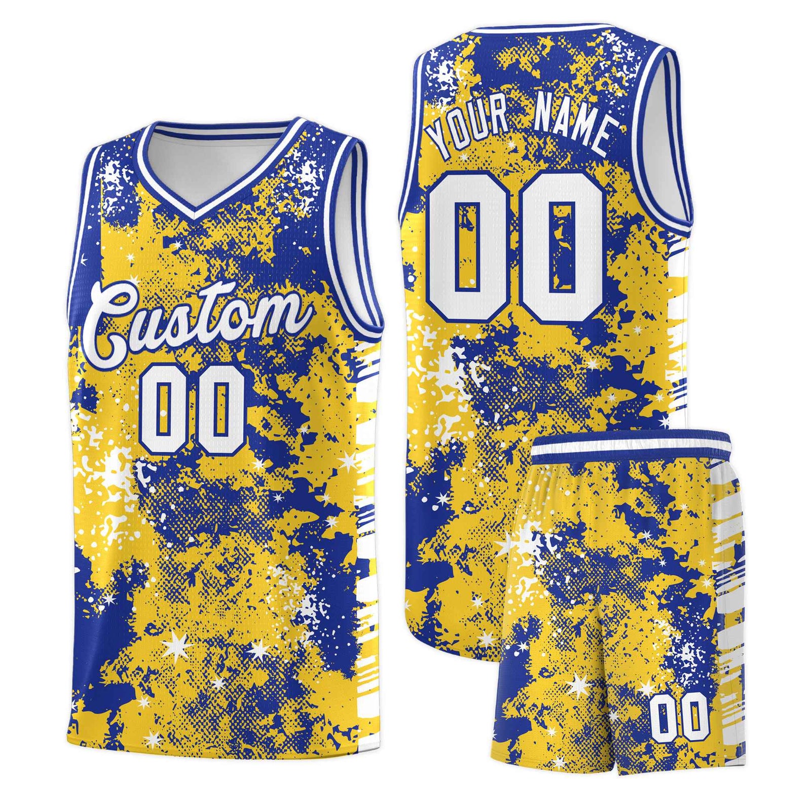 Custom Gold Royal Blue Vice Burst Galactic Graffiti Sublimation Printing Basketball Jersey