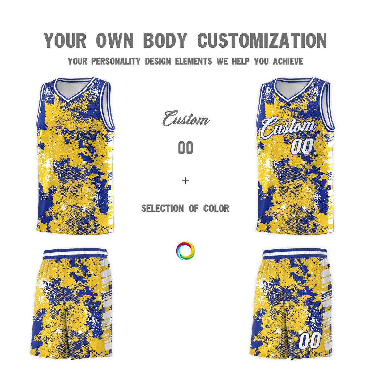 Custom Gold Royal Blue Vice Burst Galactic Graffiti Sublimation Printing Basketball Jersey