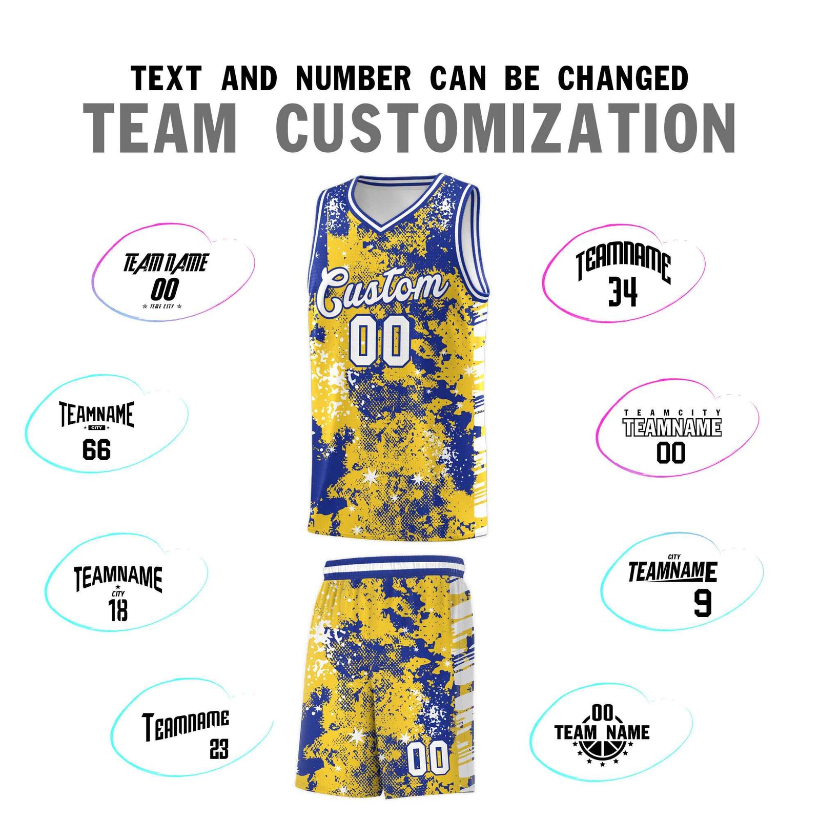 Custom Gold Royal Blue Vice Burst Galactic Graffiti Sublimation Printing Basketball Jersey