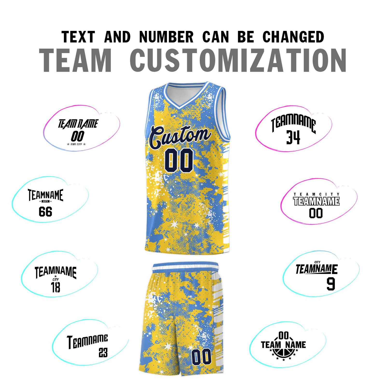 Custom Gold Powder Blue Vice Burst Galactic Graffiti Stretch Fabric Basketball Jersey