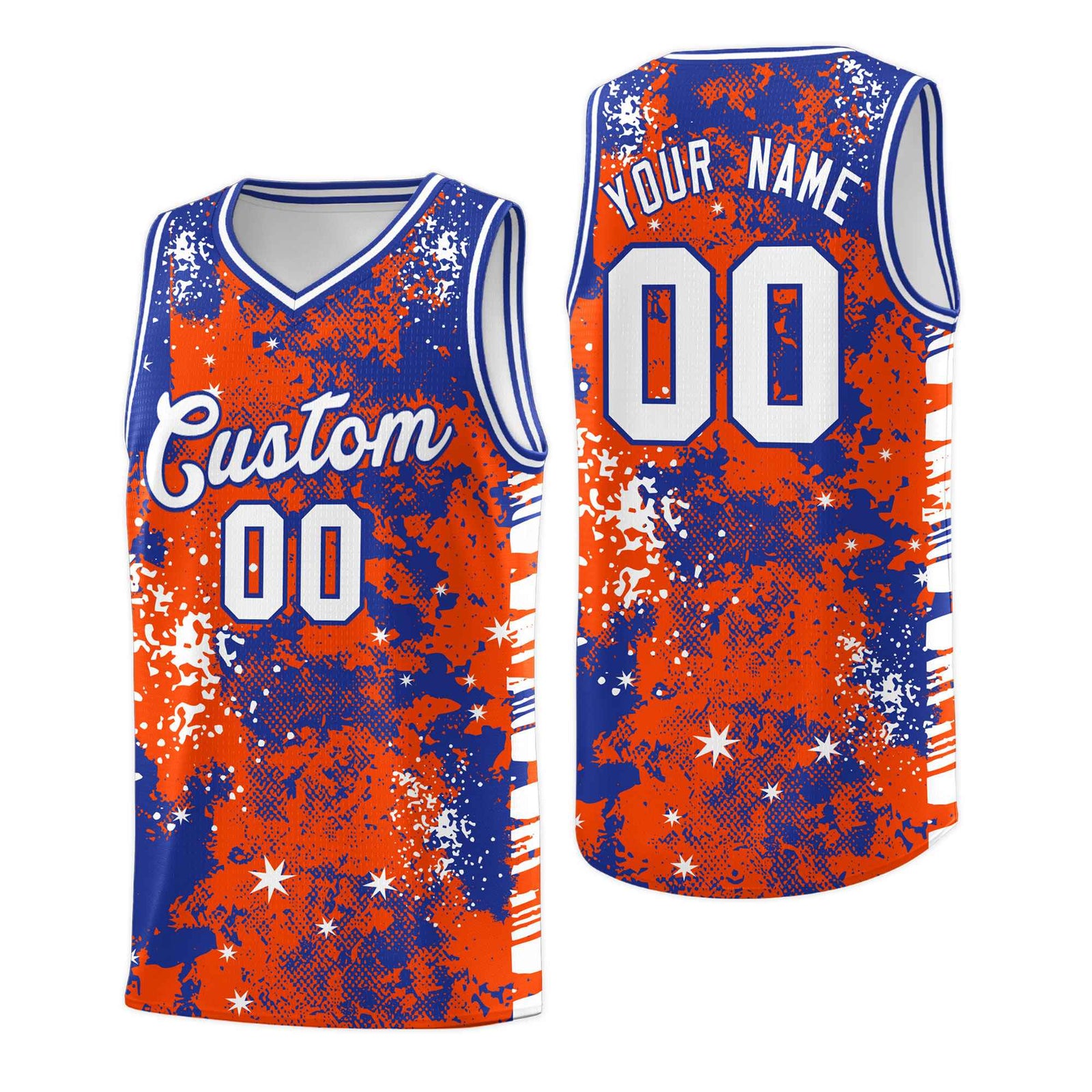 Custom Orange Royal Blue Vice Burst Galactic Graffiti Moisture-Wicking Basketball Jersey