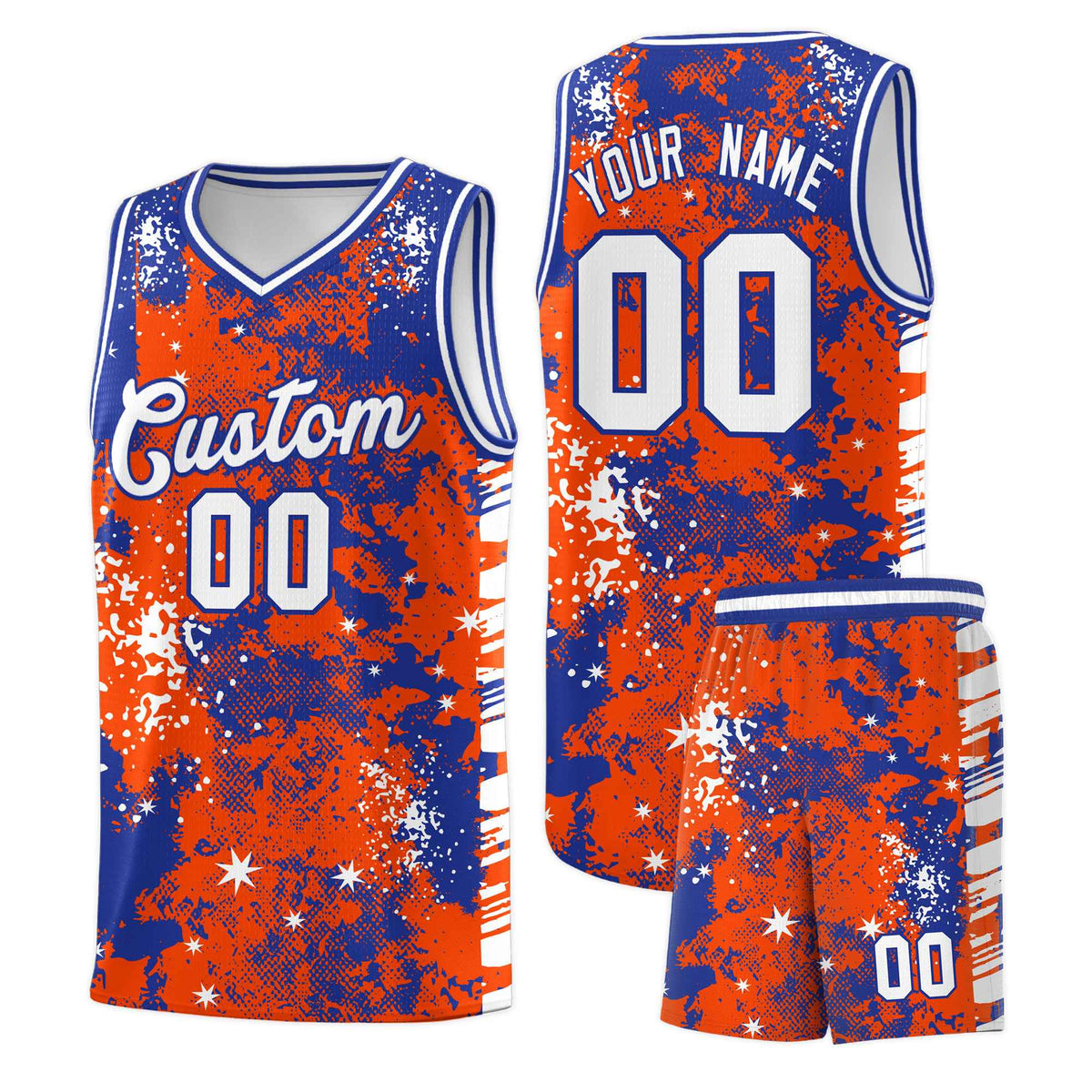 Custom Orange Royal Blue Vice Burst Galactic Graffiti Moisture-Wicking Basketball Jersey