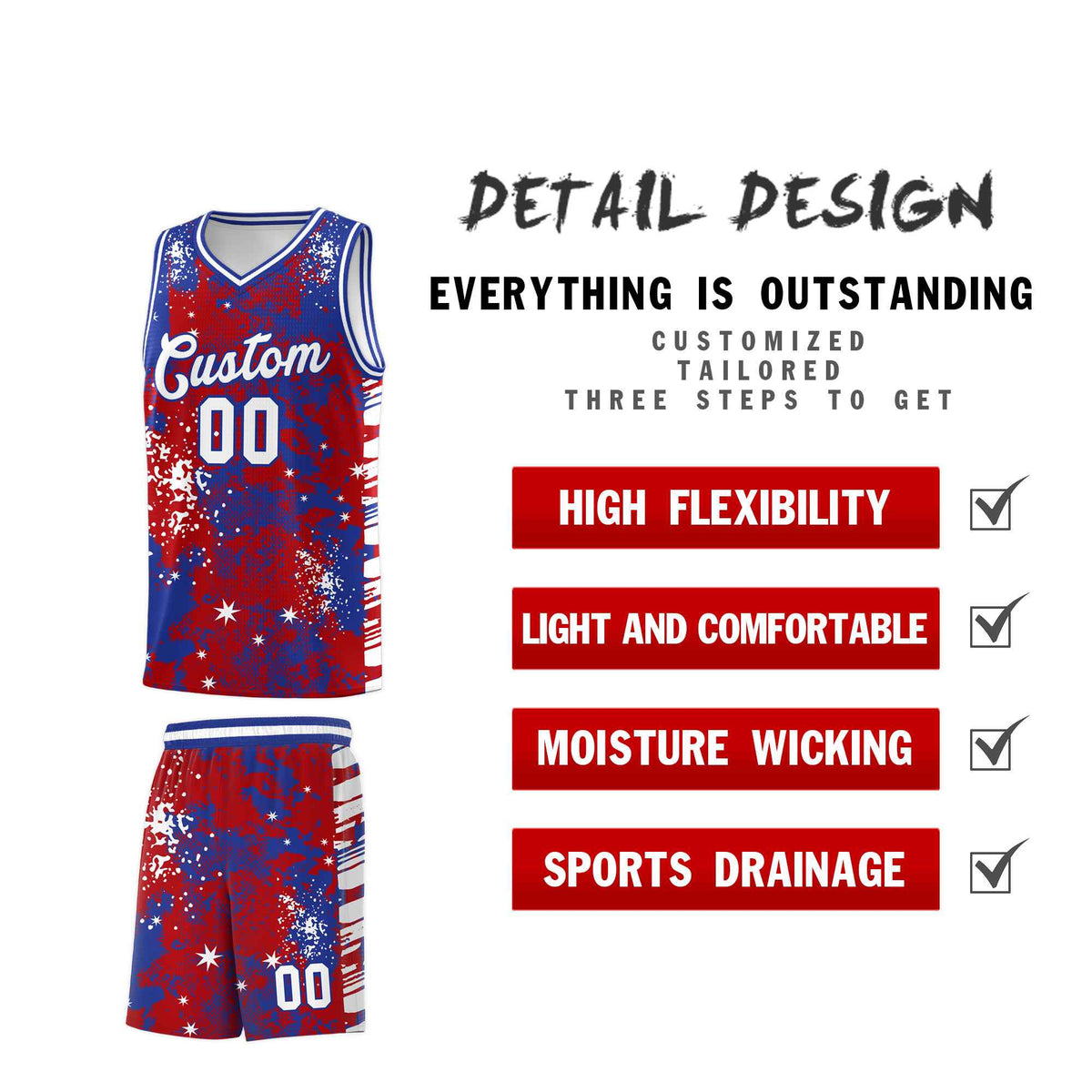 Custom Red Royal Blue Vice Burst Galactic Graffiti Wrinkle-Resistant Basketball Jersey