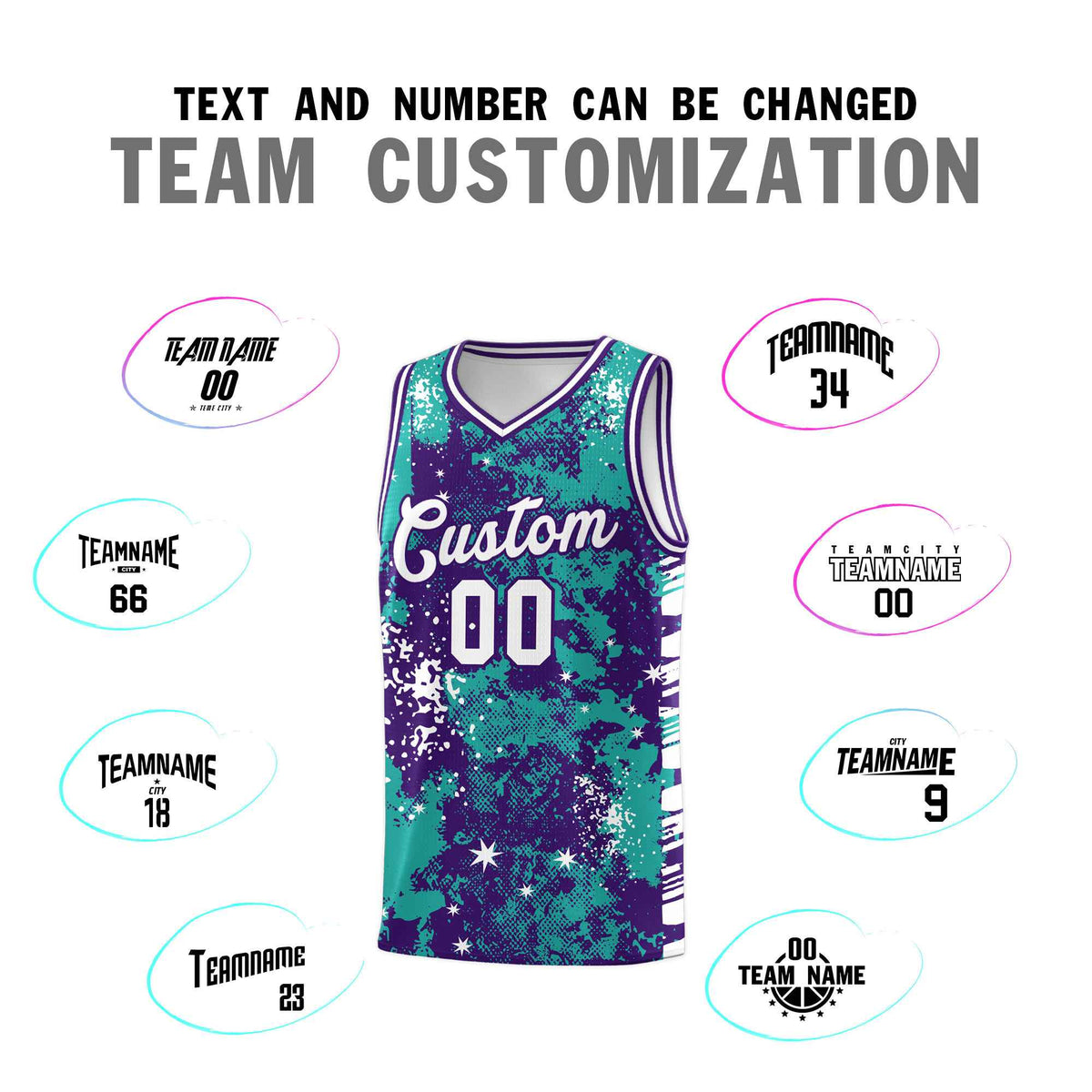 Custom Aqua Purple Vice Burst Galactic Graffiti Breathable Basketball Jersey