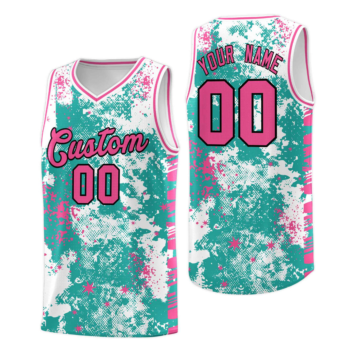 Custom Aqua Pink Vice Burst Galactic Graffiti Quick-Drying Basketball Jersey