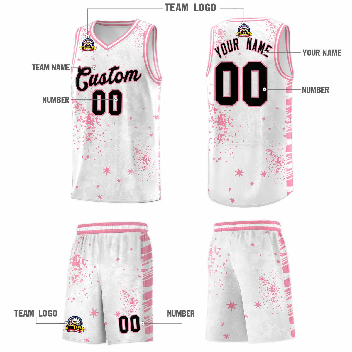 Custom White Light Pink Vice Burst Galactic Graffiti Drapable Basketball Jersey
