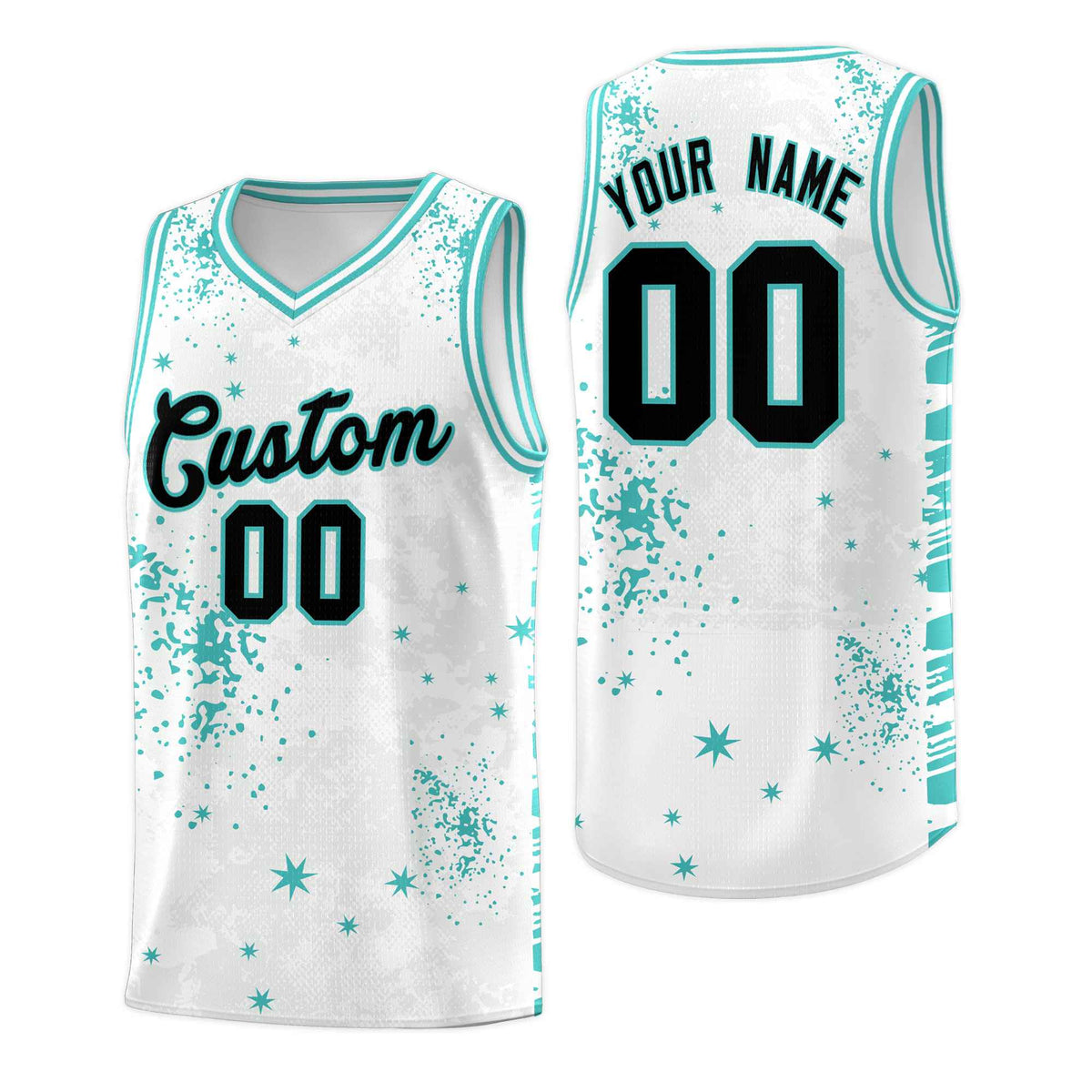 Custom White Light Teal Vice Burst Galactic Graffiti Sublimation Printing Basketball Jersey