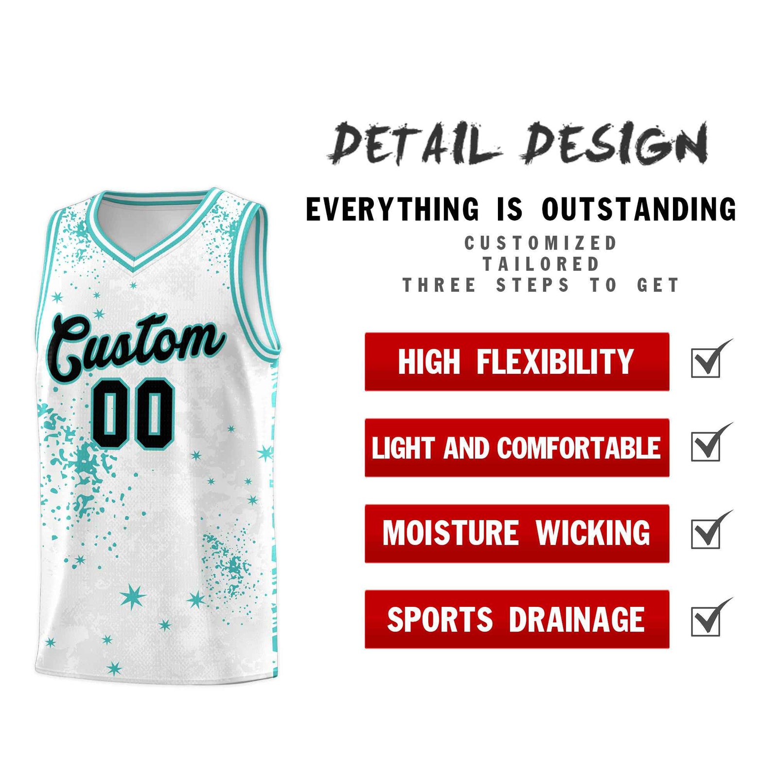 Custom White Light Teal Vice Burst Galactic Graffiti Sublimation Printing Basketball Jersey