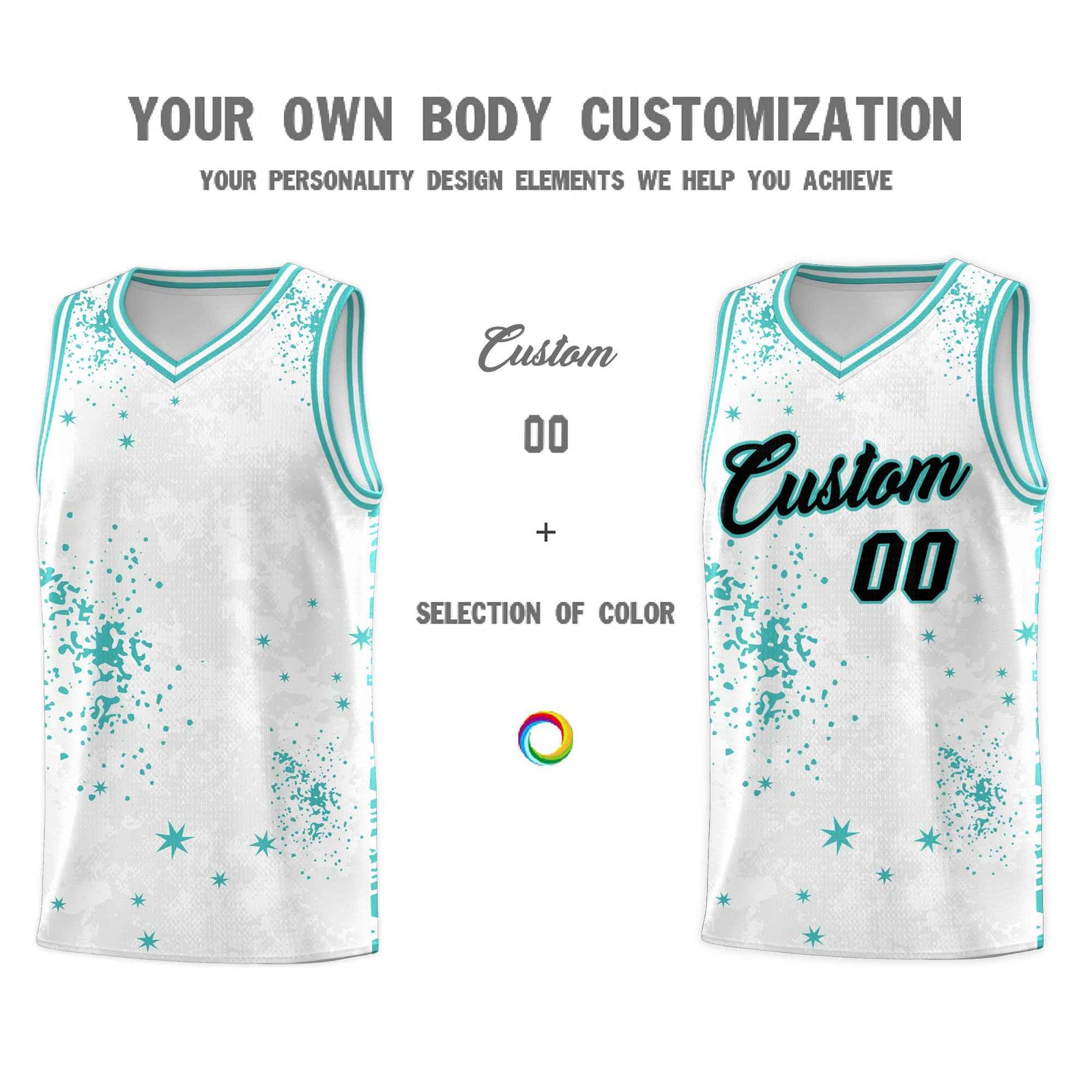 Custom White Light Teal Vice Burst Galactic Graffiti Sublimation Printing Basketball Jersey