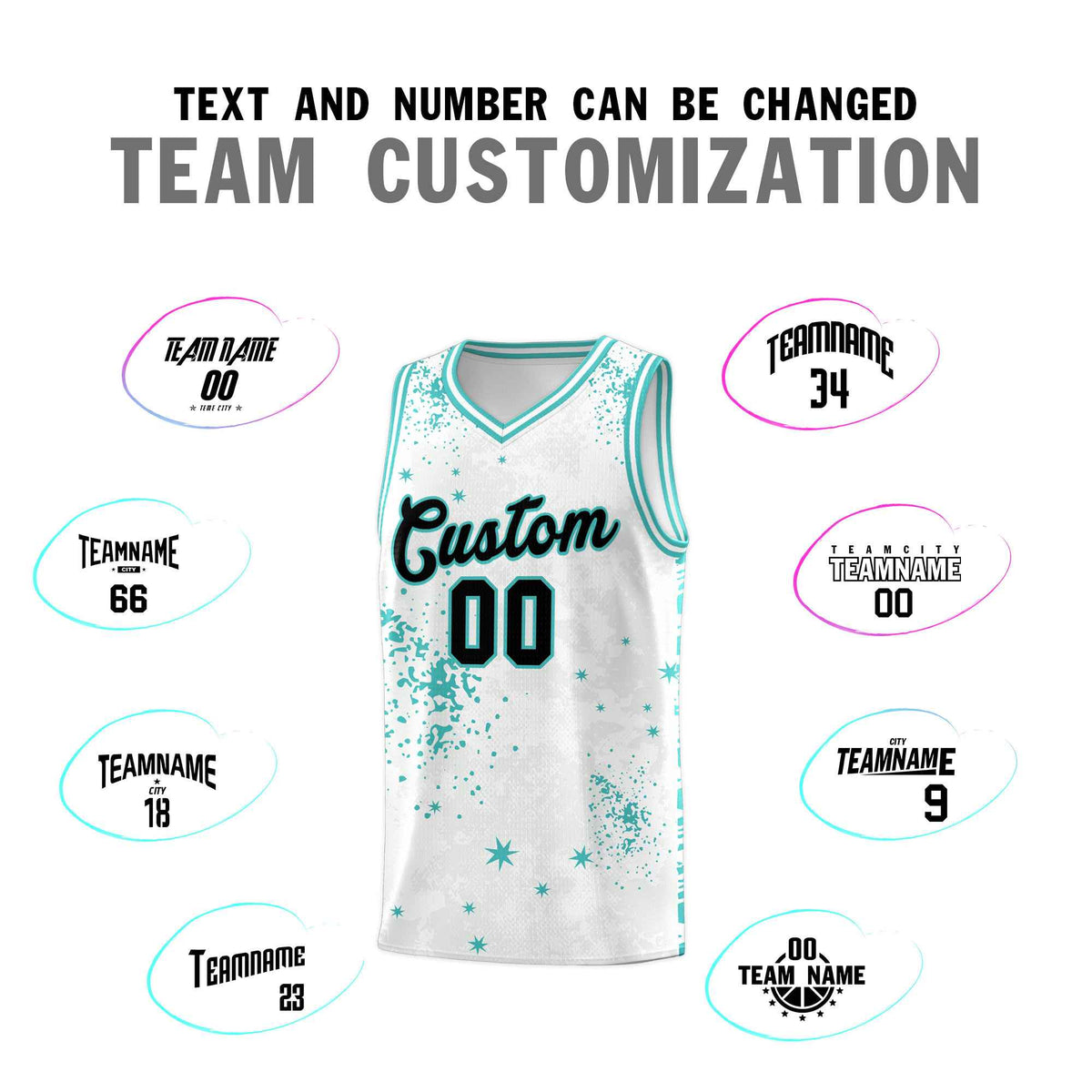 Custom White Light Teal Vice Burst Galactic Graffiti Sublimation Printing Basketball Jersey