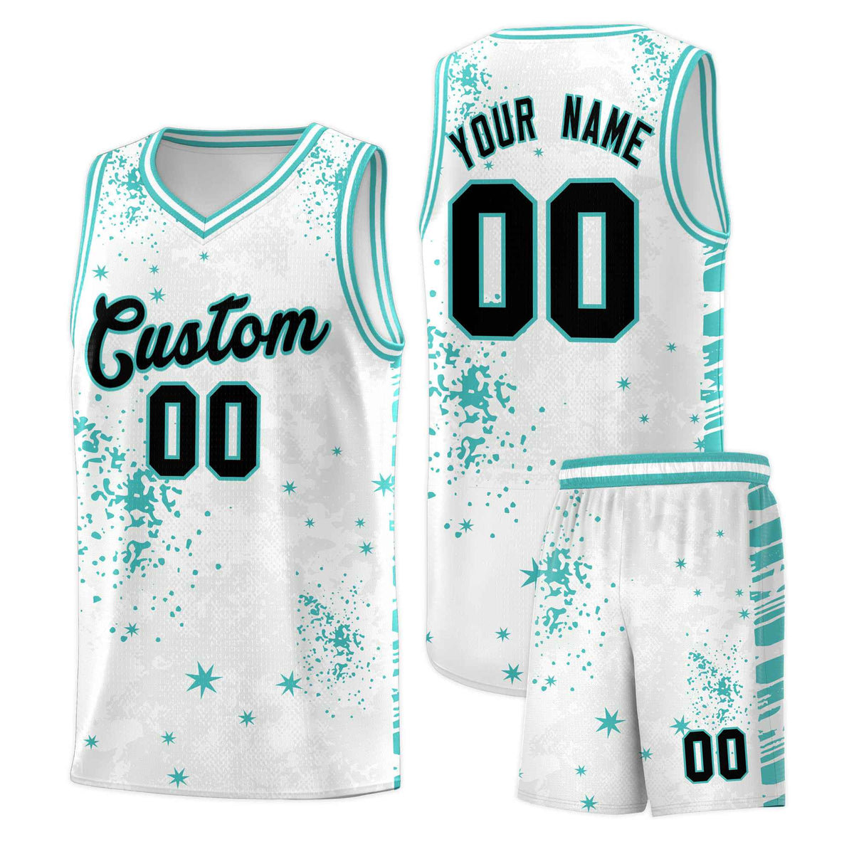 Custom White Light Teal Vice Burst Galactic Graffiti Sublimation Printing Basketball Jersey