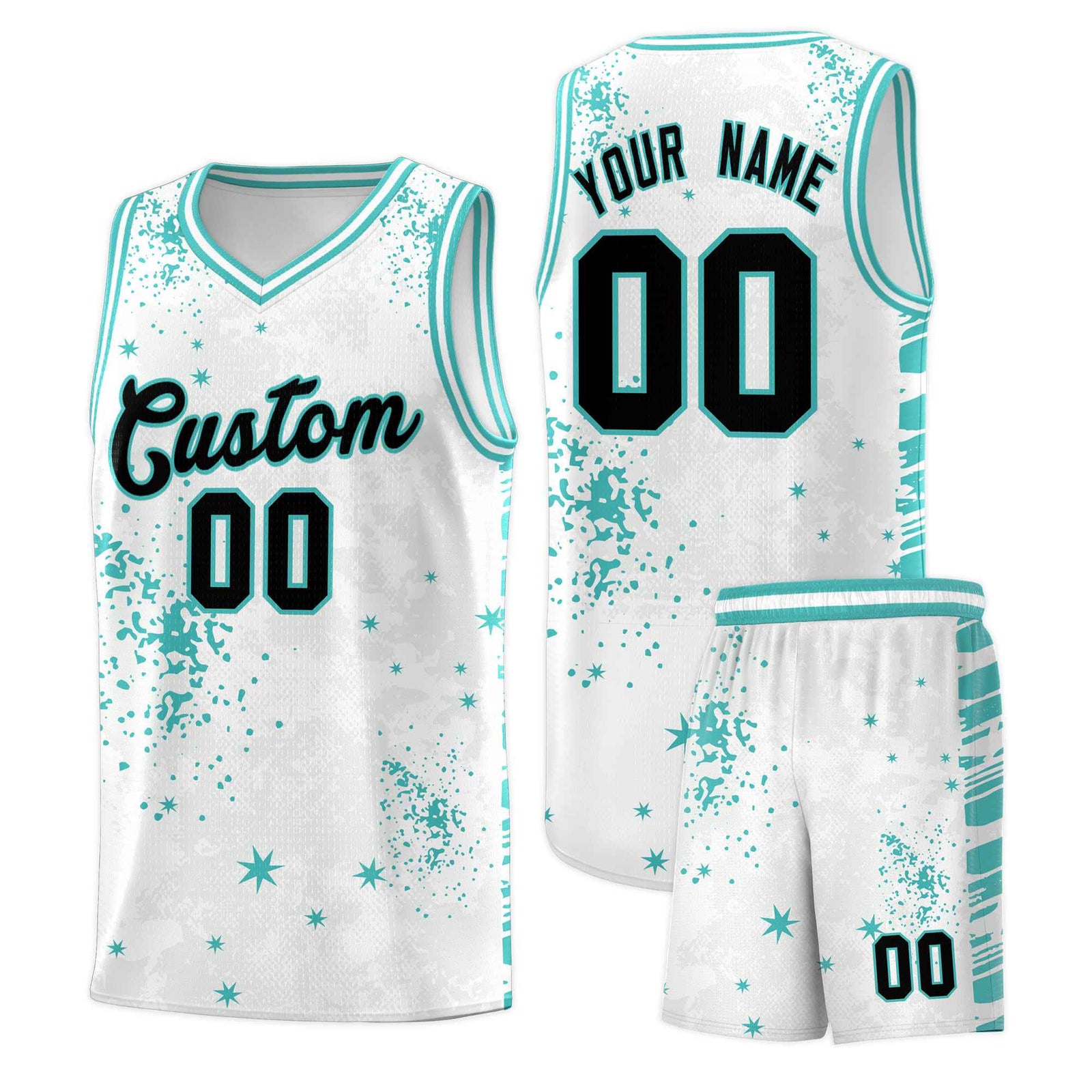 Custom White Light Teal Vice Burst Galactic Graffiti Sublimation Printing Basketball Jersey