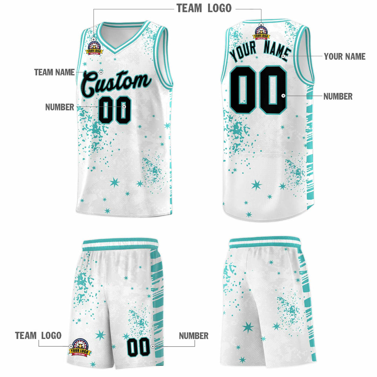 Custom White Light Teal Vice Burst Galactic Graffiti Sublimation Printing Basketball Jersey