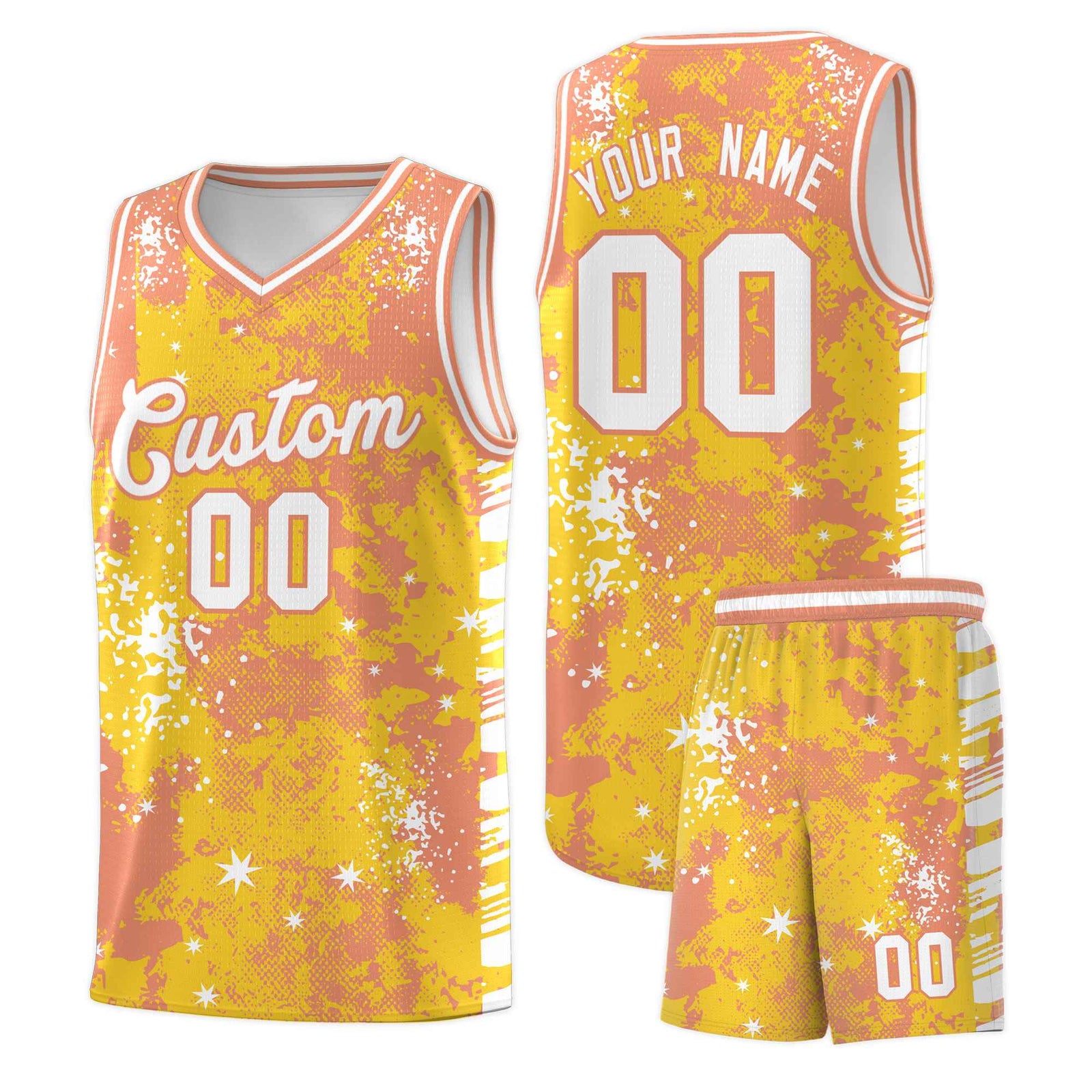 Custom Gold Light Orange Vice Burst Galactic Graffiti Stretch Fabric Basketball Jersey