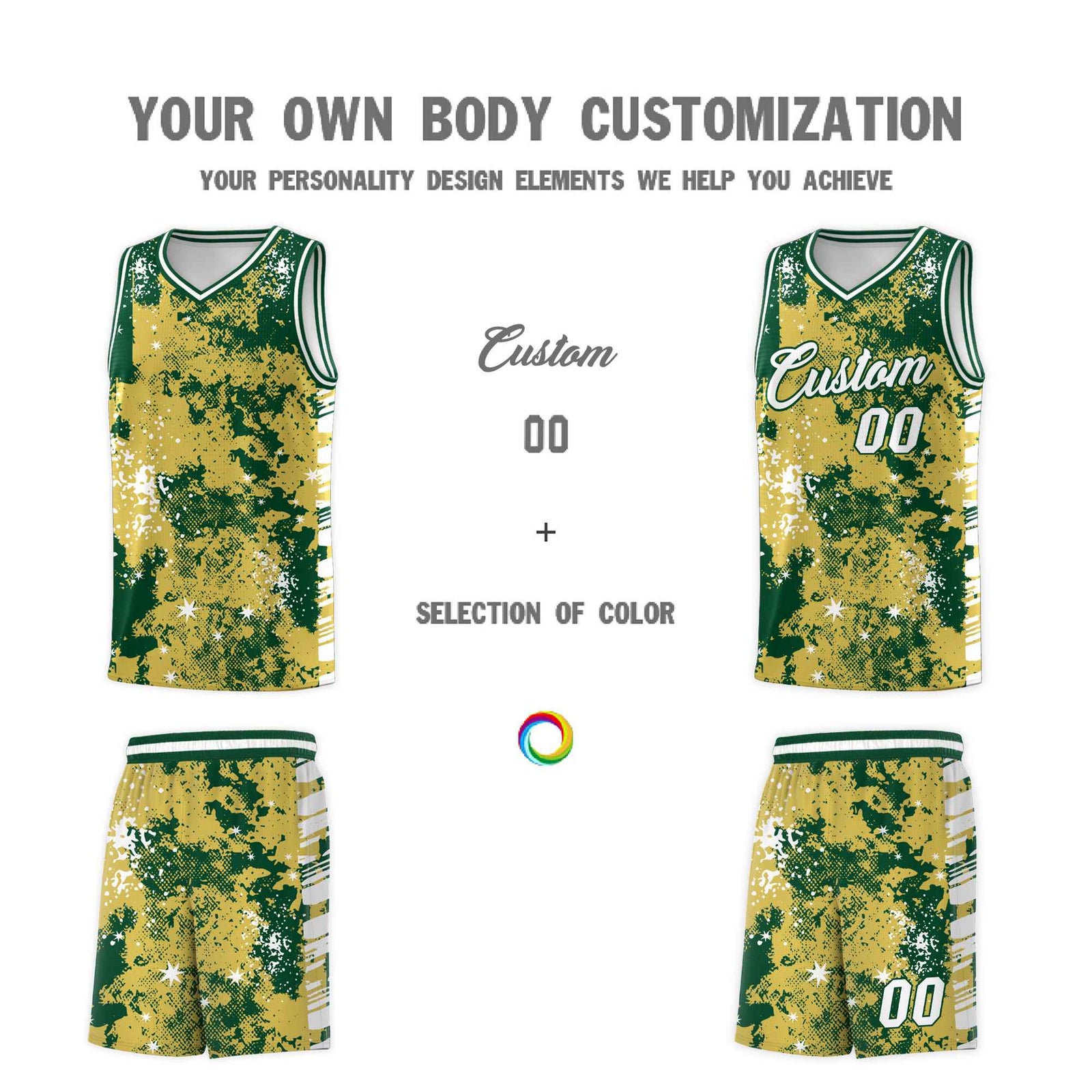 Custom Old Gold Kelly Green Vice Burst Galactic Graffiti Moisture-Wicking Basketball Jersey