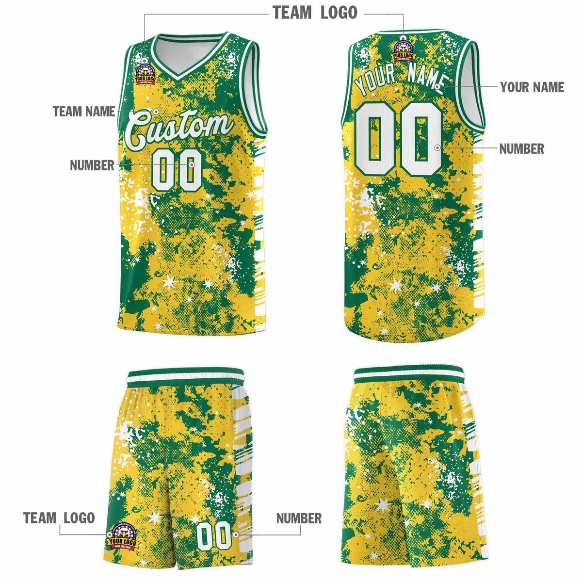 Custom Gold Kelly Green Vice Burst Galactic Graffiti Wrinkle-Resistant Basketball Jersey