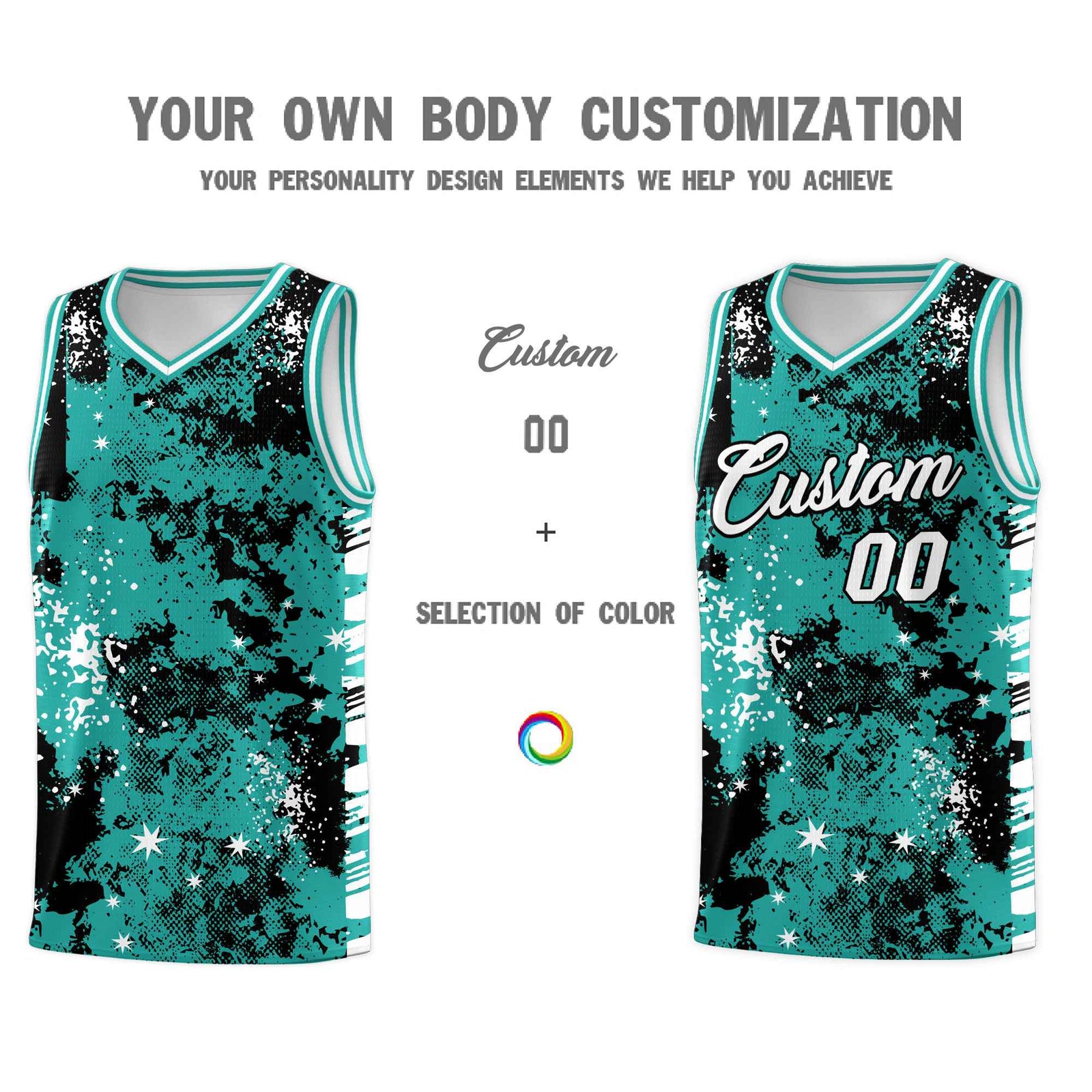 Custom Black Light Teal Vice Burst Galactic Graffiti Breathable Basketball Jersey