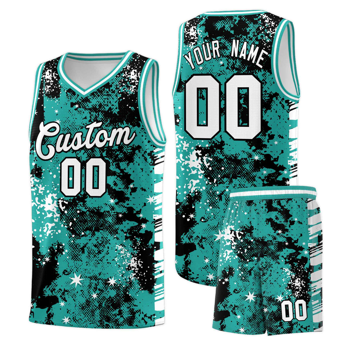 Custom Black Light Teal Vice Burst Galactic Graffiti Breathable Basketball Jersey