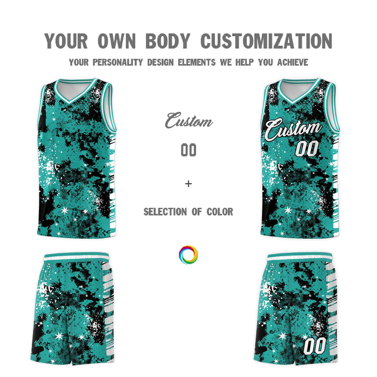 Custom Black Light Teal Vice Burst Galactic Graffiti Breathable Basketball Jersey