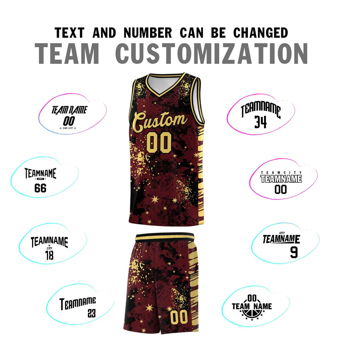 Custom Burgundy Black Vice Burst Galactic Graffiti Quick-Drying Basketball Jersey