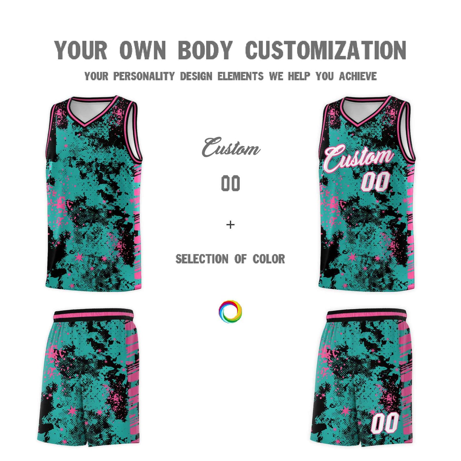 Custom Aqua Black Vice Burst Galactic Graffiti Drapable Basketball Jersey