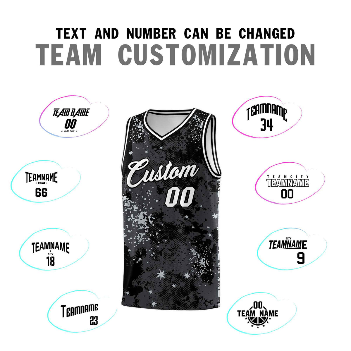 Custom Black Gray Vice Burst Galactic Graffiti Stretch Fabric Basketball Jersey