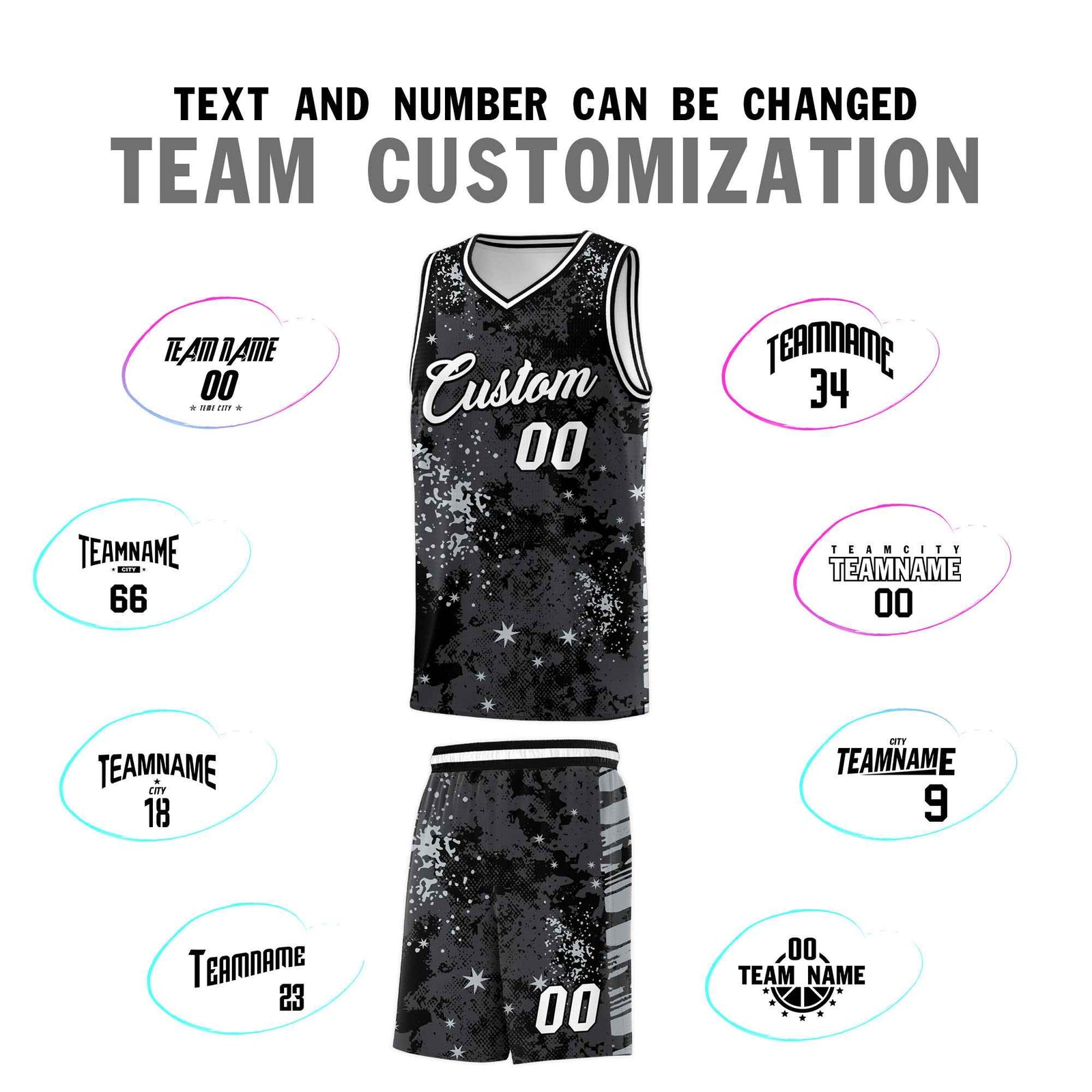 Custom Black Gray Vice Burst Galactic Graffiti Stretch Fabric Basketball Jersey