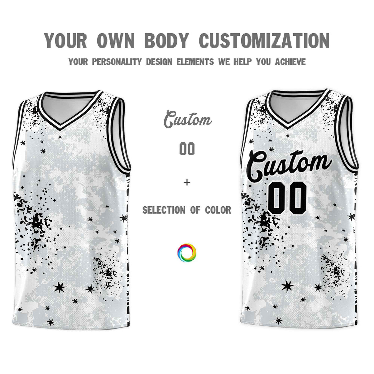 Custom White Black Vice Burst Galactic Graffiti Moisture-Wicking Basketball Jersey