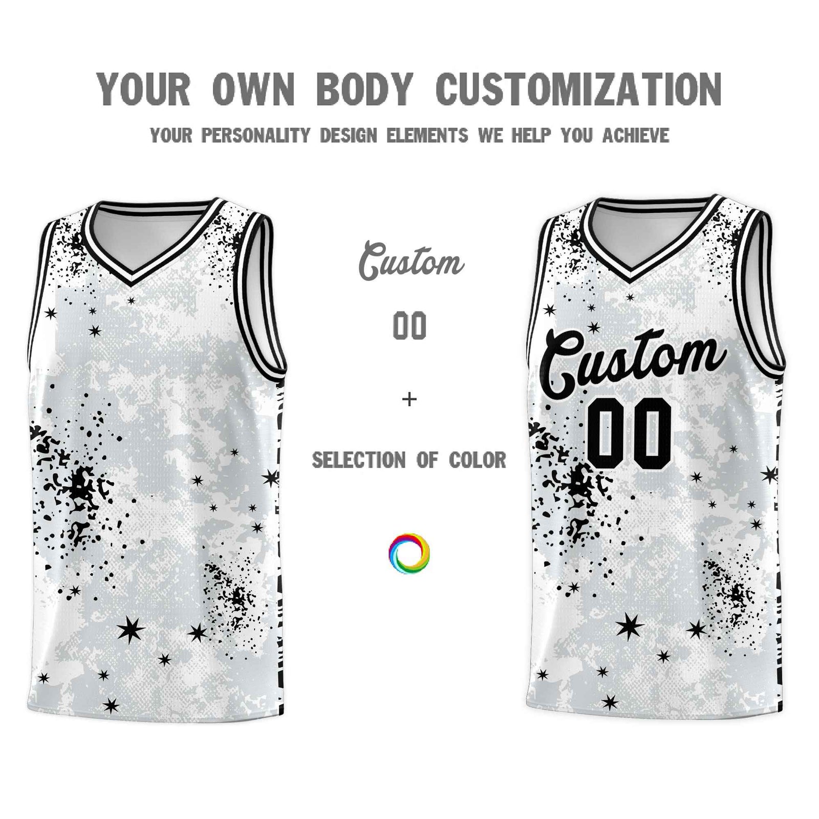 Custom White Black Vice Burst Galactic Graffiti Moisture-Wicking Basketball Jersey