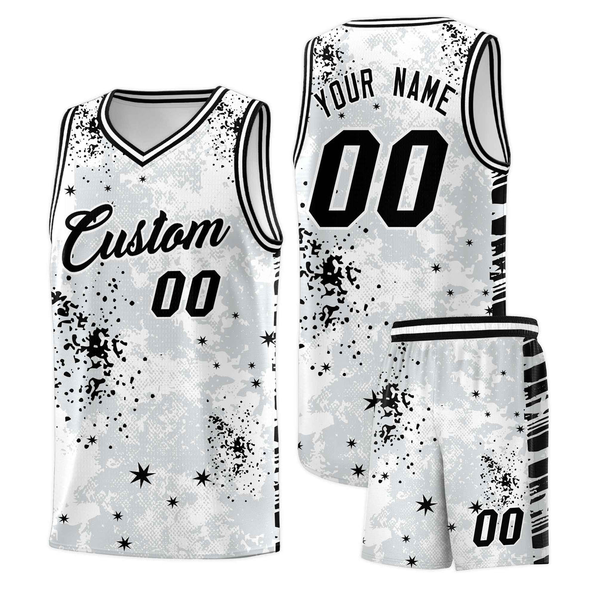 Custom White Black Vice Burst Galactic Graffiti Moisture-Wicking Basketball Jersey