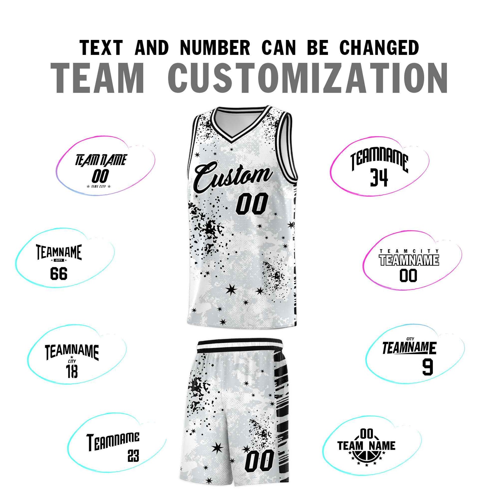 Custom White Black Vice Burst Galactic Graffiti Moisture-Wicking Basketball Jersey