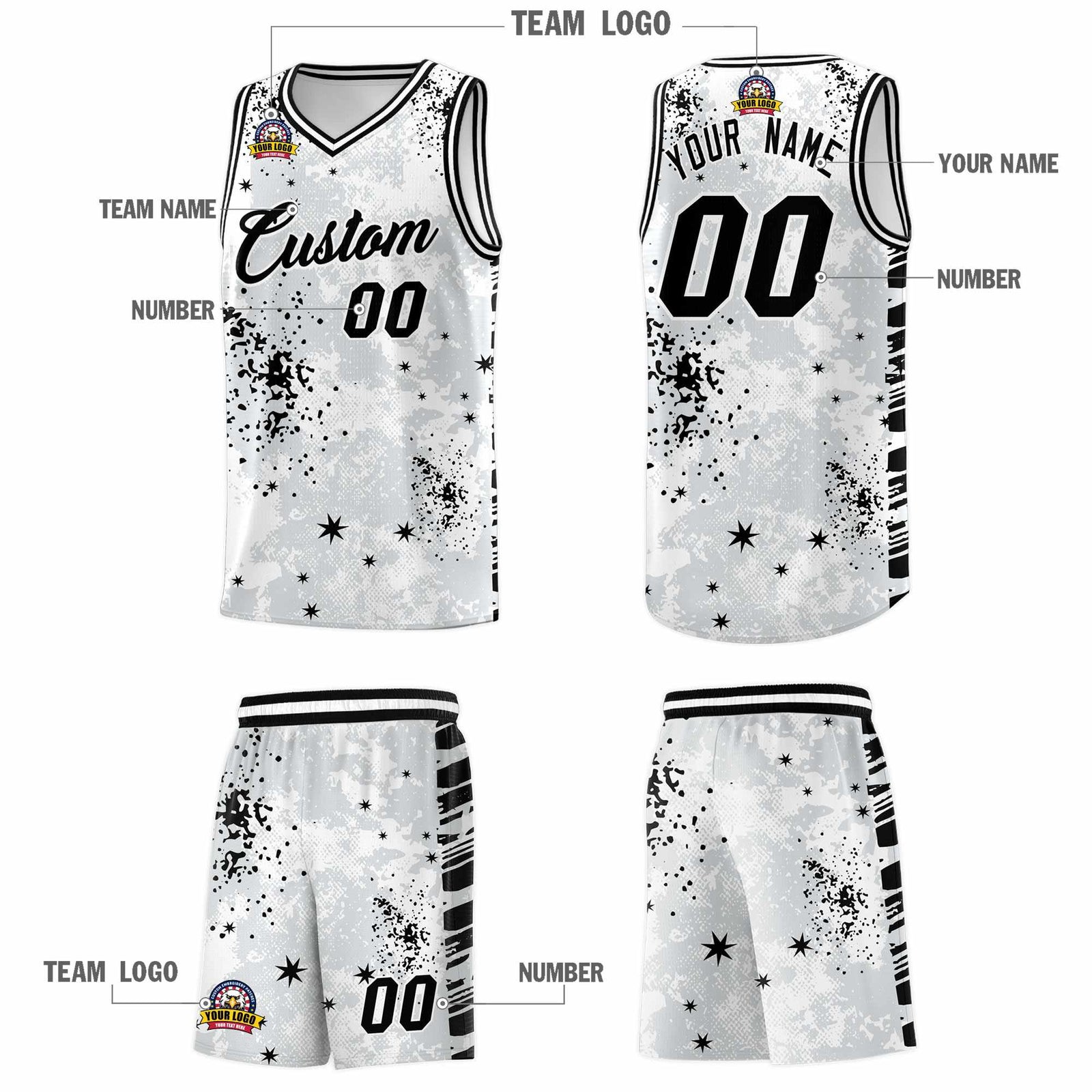 Custom White Black Vice Burst Galactic Graffiti Moisture-Wicking Basketball Jersey