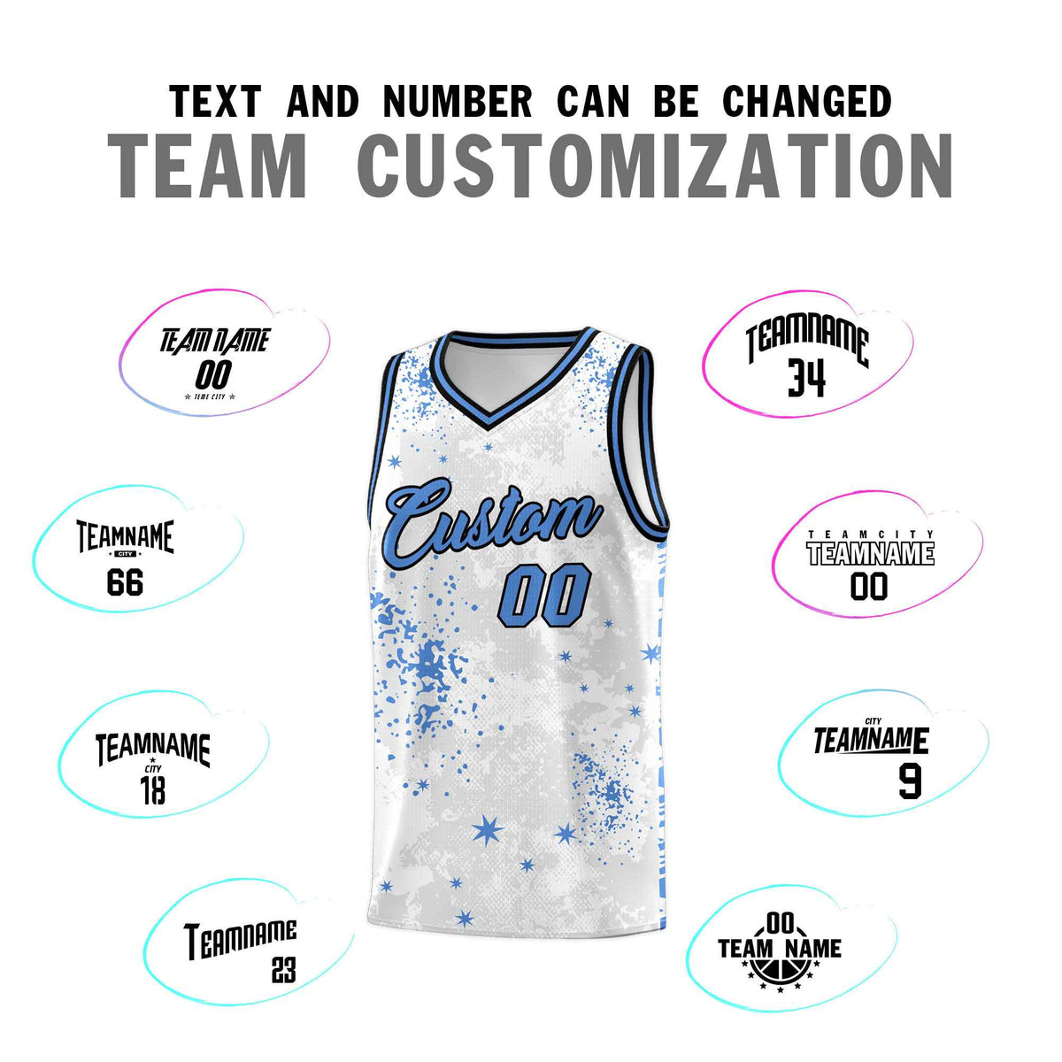 Custom White Powder Blue Vice Burst Galactic Graffiti Quick-Drying Basketball Jersey