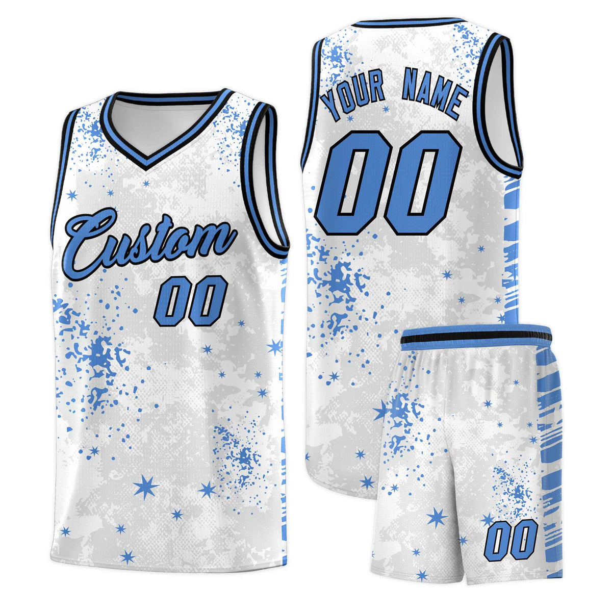 Custom White Powder Blue Vice Burst Galactic Graffiti Quick-Drying Basketball Jersey