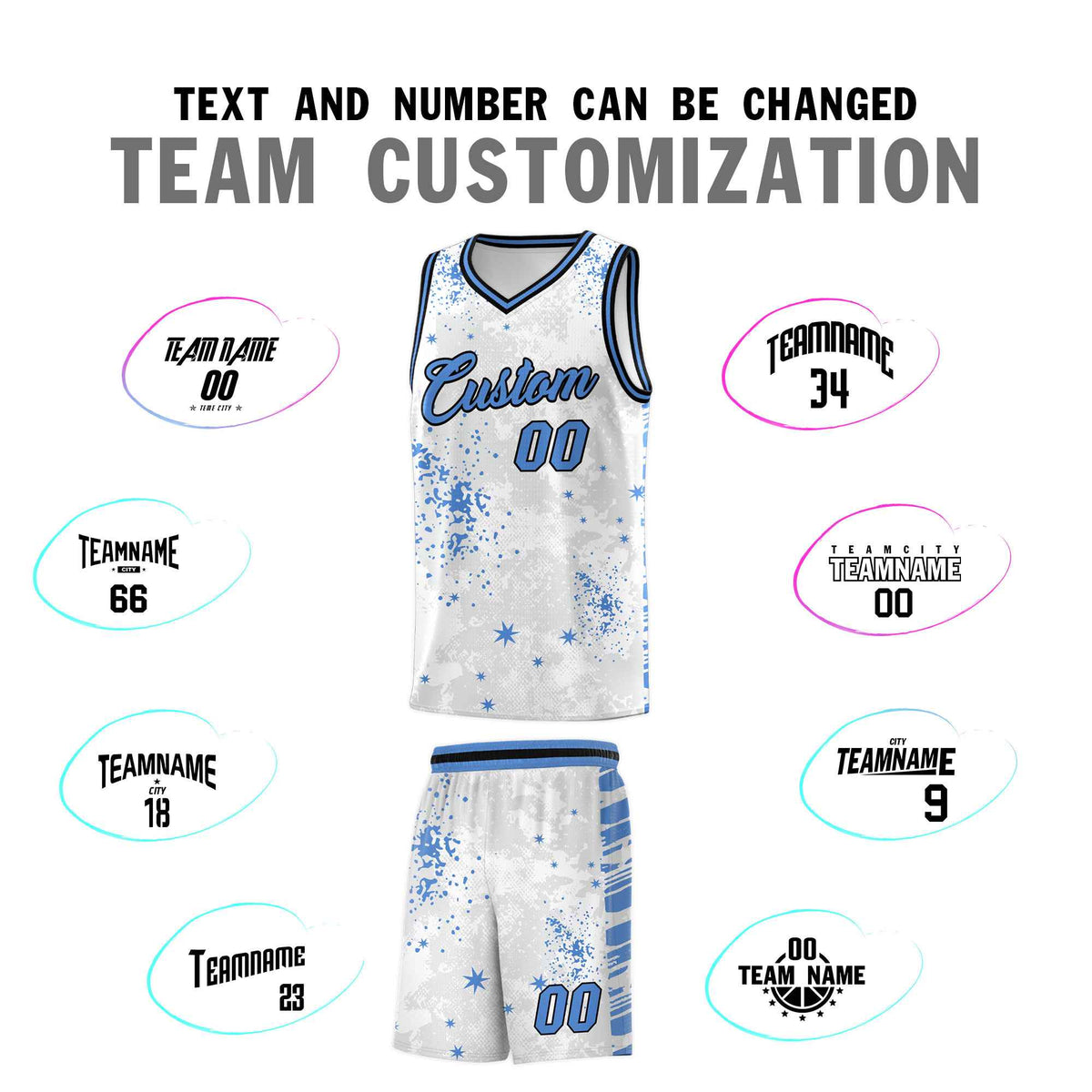 Custom White Powder Blue Vice Burst Galactic Graffiti Quick-Drying Basketball Jersey