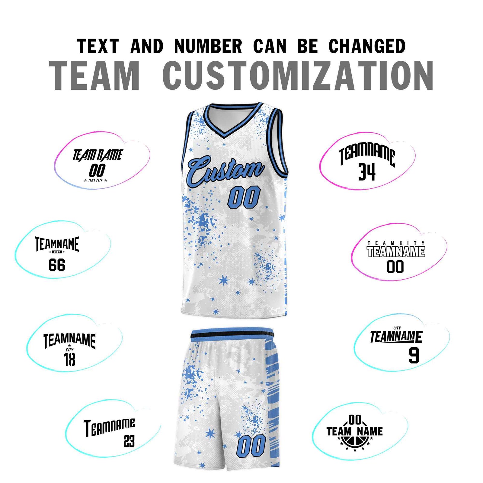 Custom White Powder Blue Vice Burst Galactic Graffiti Quick-Drying Basketball Jersey
