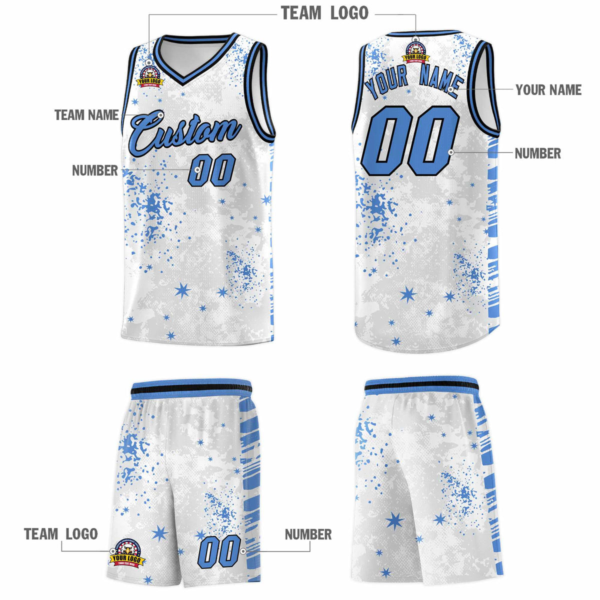 Custom White Powder Blue Vice Burst Galactic Graffiti Quick-Drying Basketball Jersey