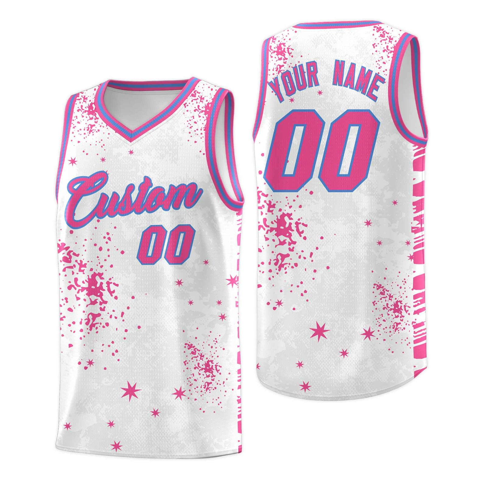 Custom Pink Powder Blue Vice Burst Galactic Graffiti Sublimation Printing Basketball Jersey