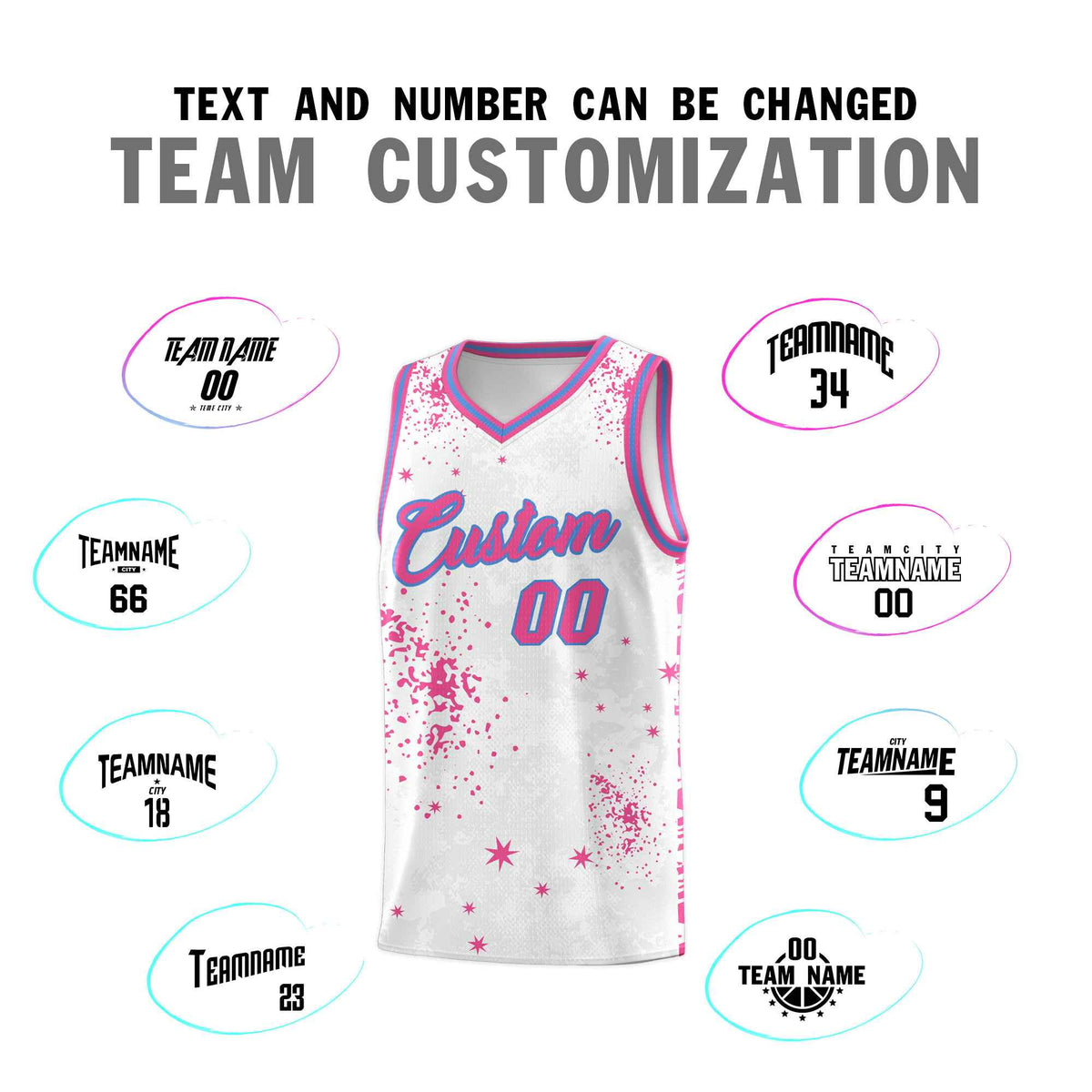 Custom Pink Powder Blue Vice Burst Galactic Graffiti Sublimation Printing Basketball Jersey