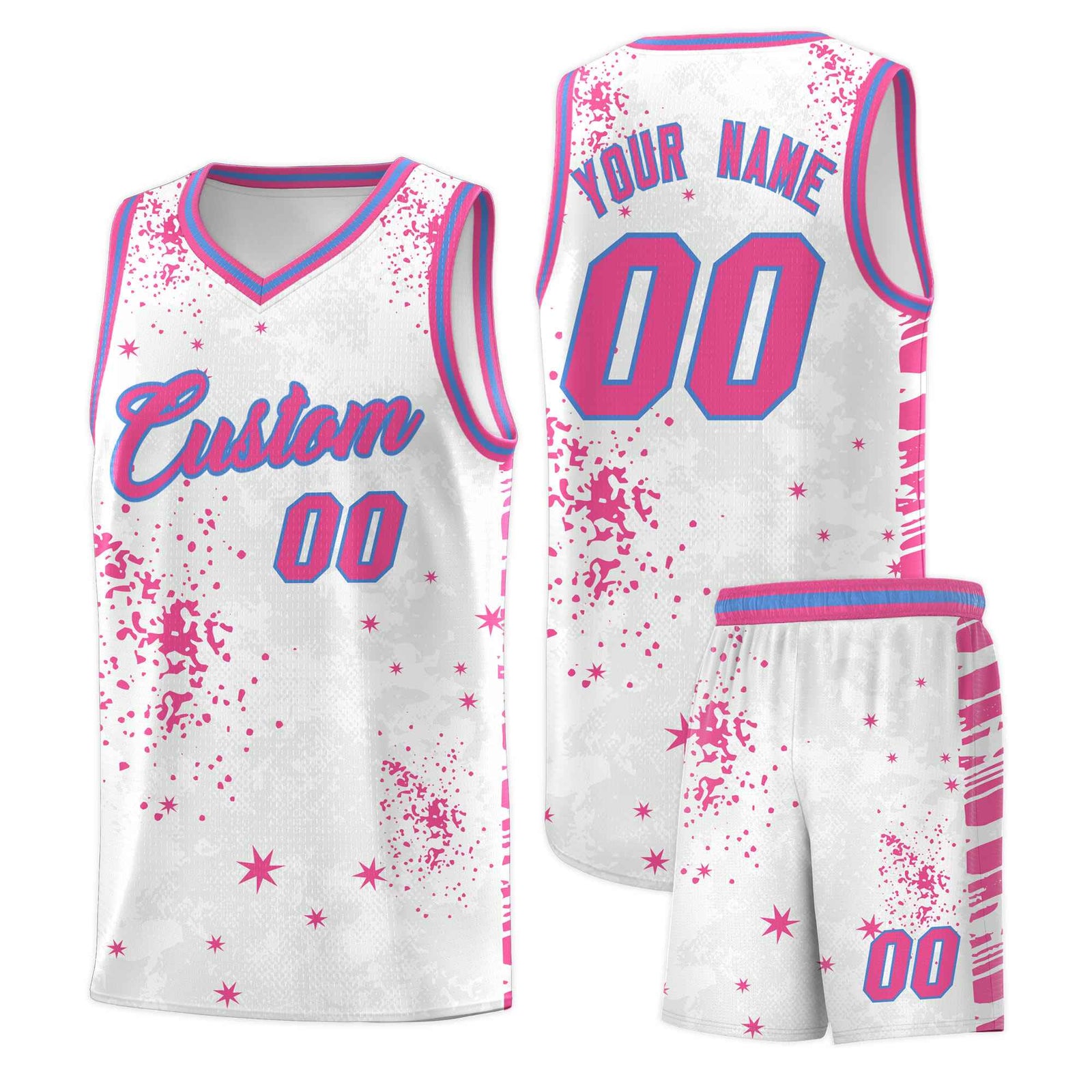 Custom Pink Powder Blue Vice Burst Galactic Graffiti Sublimation Printing Basketball Jersey
