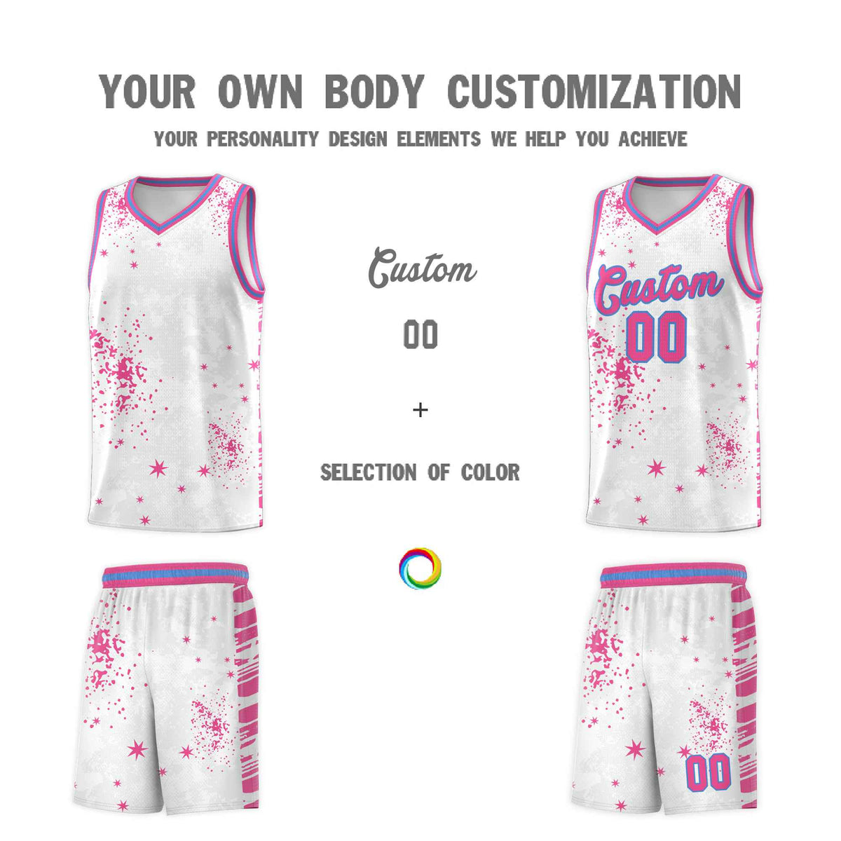 Custom Pink Powder Blue Vice Burst Galactic Graffiti Sublimation Printing Basketball Jersey