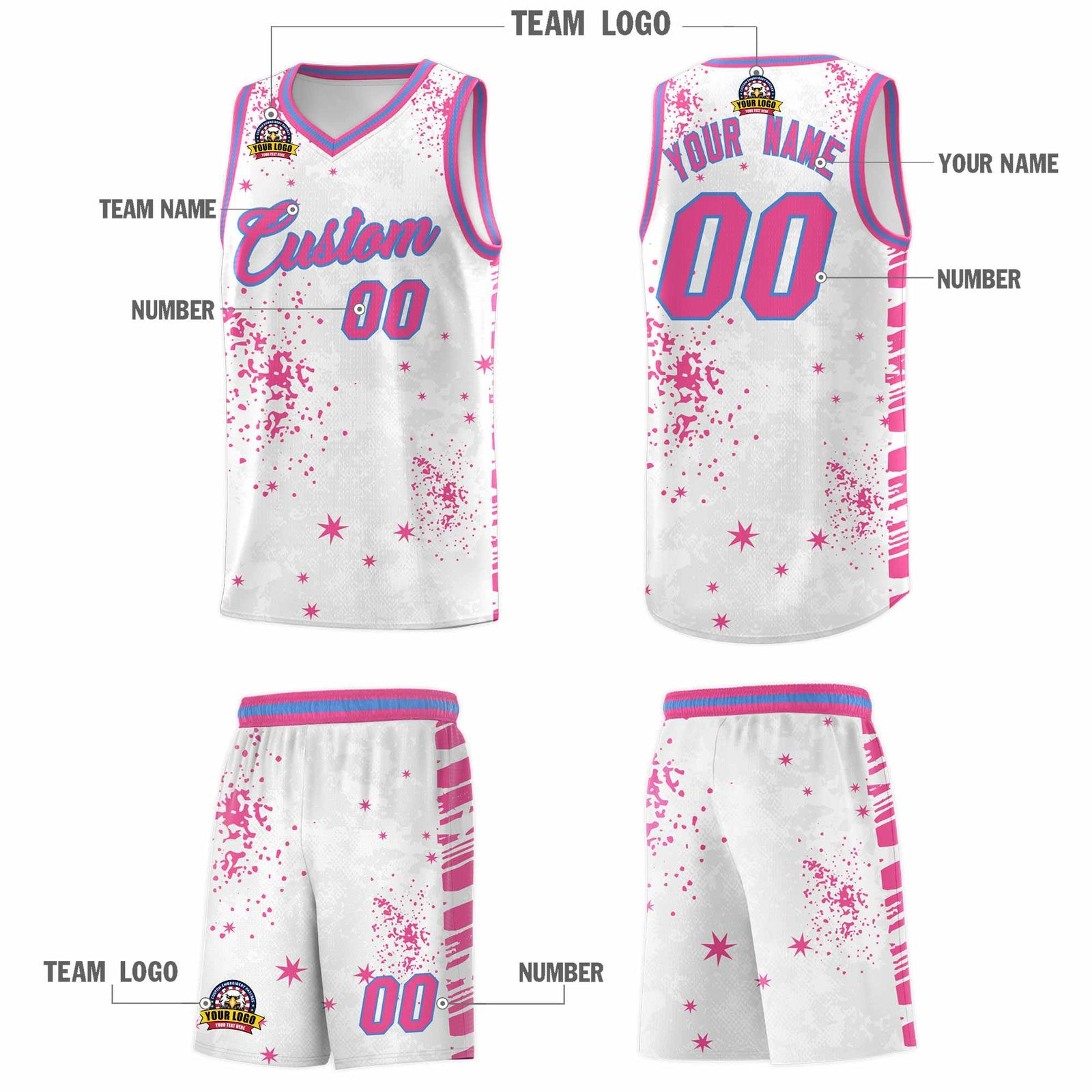 Custom Pink Powder Blue Vice Burst Galactic Graffiti Sublimation Printing Basketball Jersey