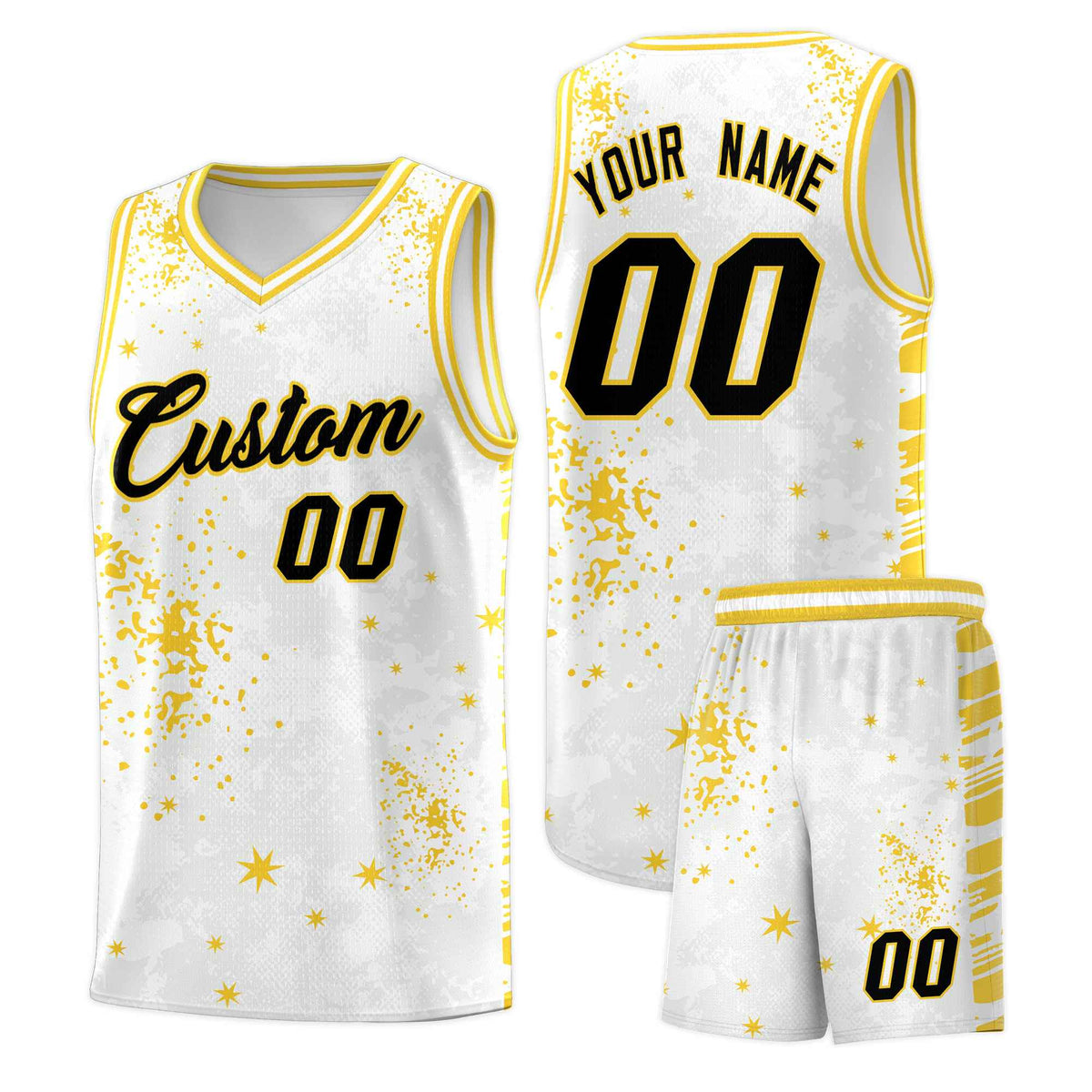 Custom White Gold Vice Burst Galactic Graffiti Moisture-Wicking Basketball Jersey