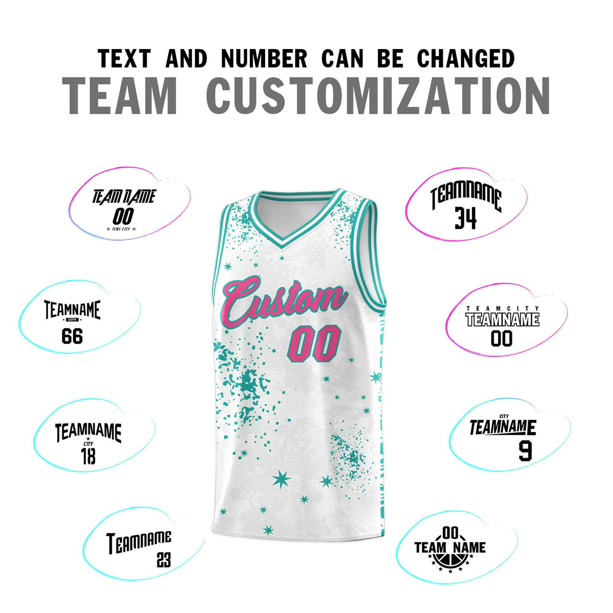 Custom White Aqua Vice Burst Galactic Graffiti Breathable Basketball Jersey