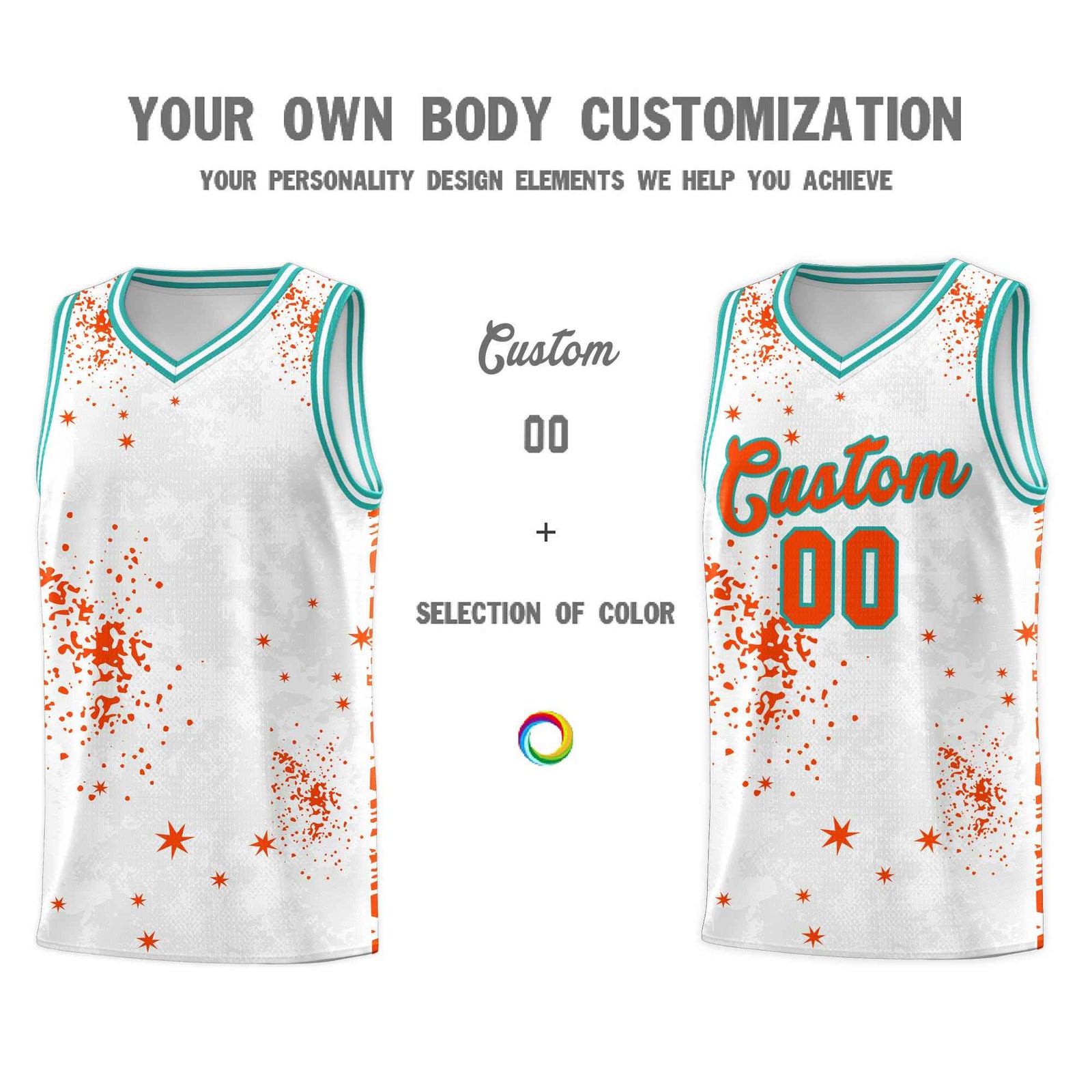 Custom Orange Aqua Vice Burst Galactic Graffiti Quick-Drying Basketball Jersey