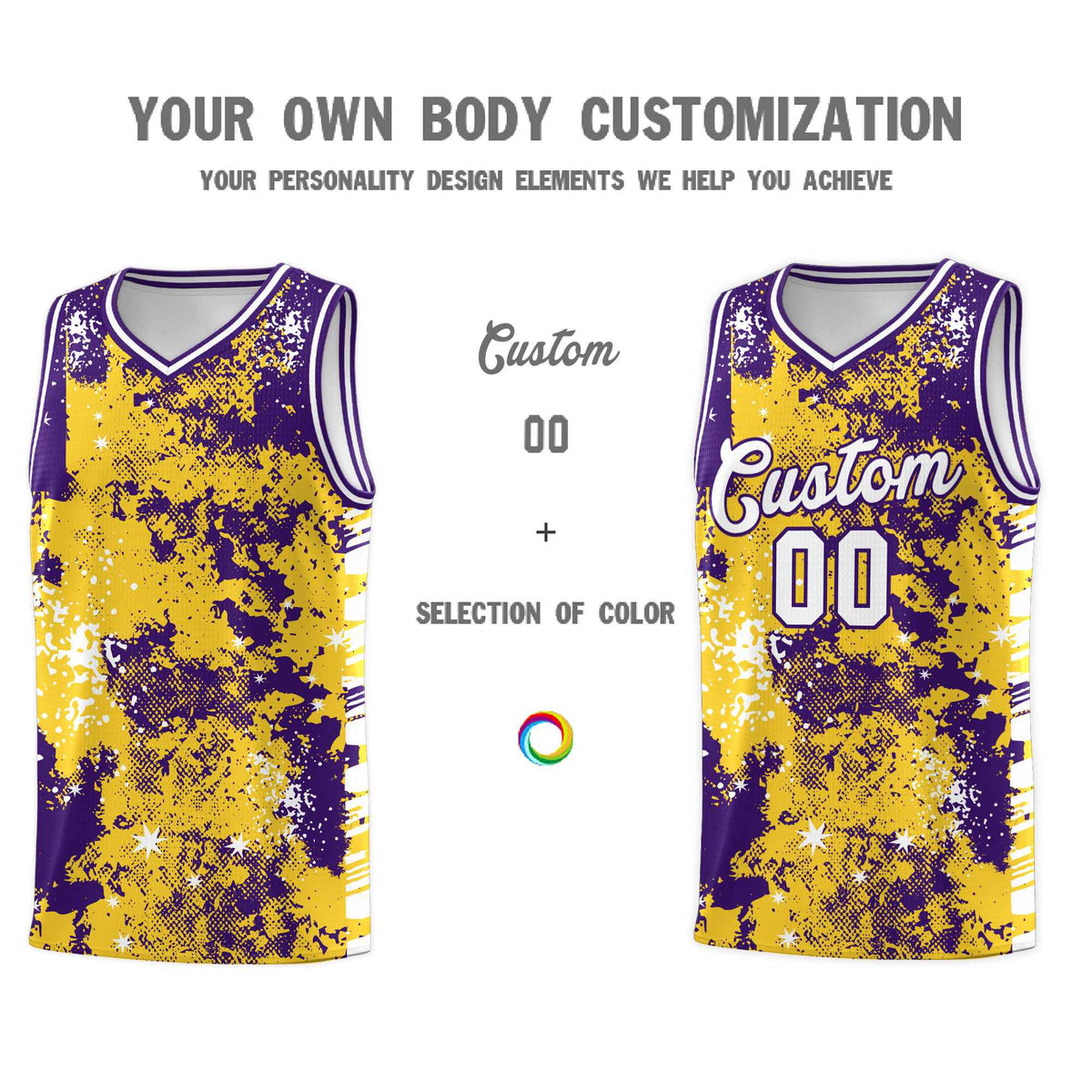 Custom Gold Purple Vice Burst Galactic Graffiti Drapable Basketball Jersey
