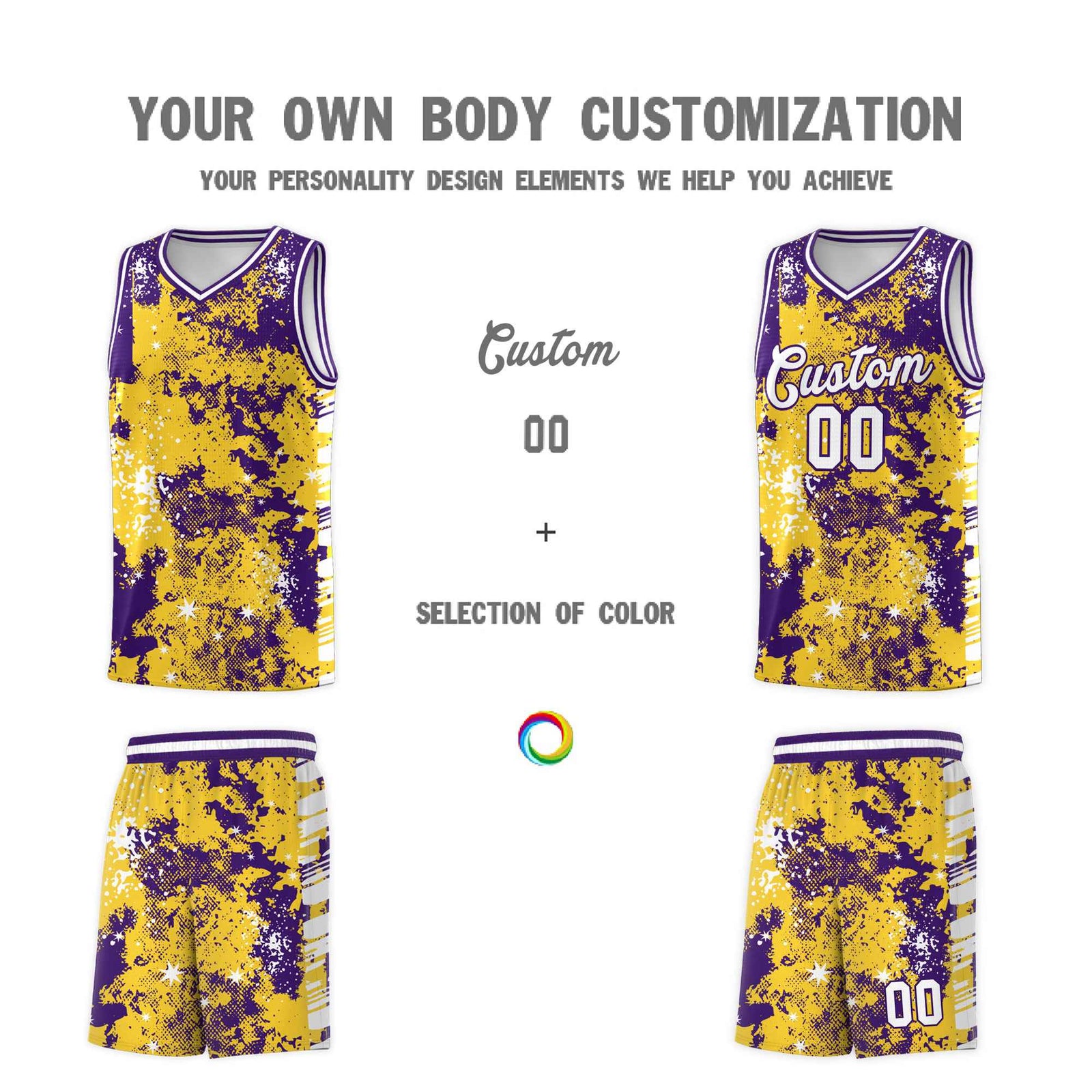 Custom Gold Purple Vice Burst Galactic Graffiti Drapable Basketball Jersey