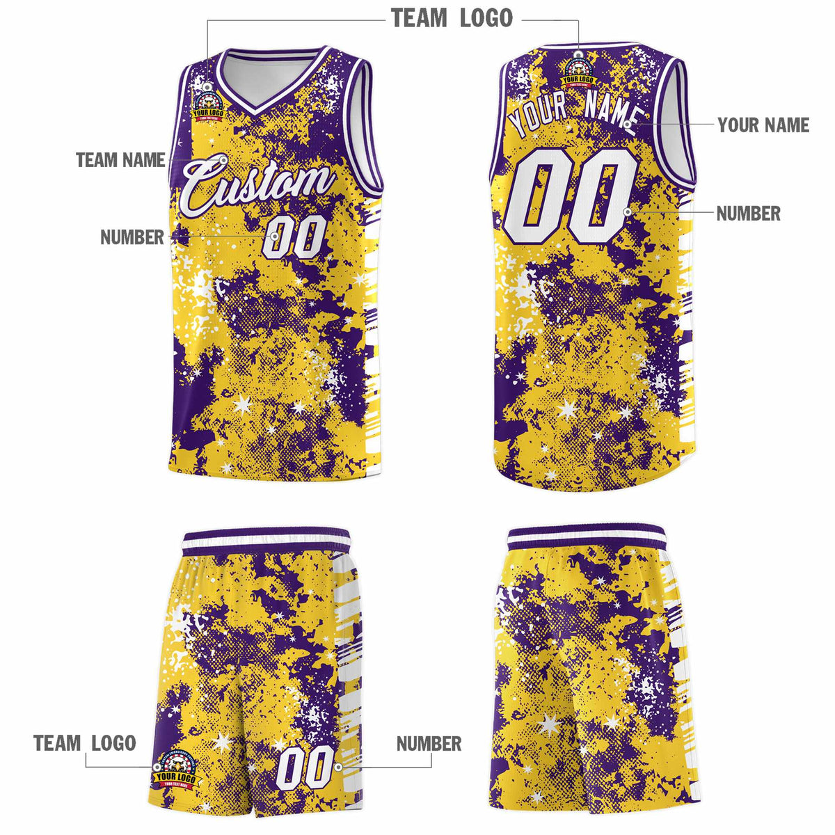 Custom Gold Purple Vice Burst Galactic Graffiti Drapable Basketball Jersey