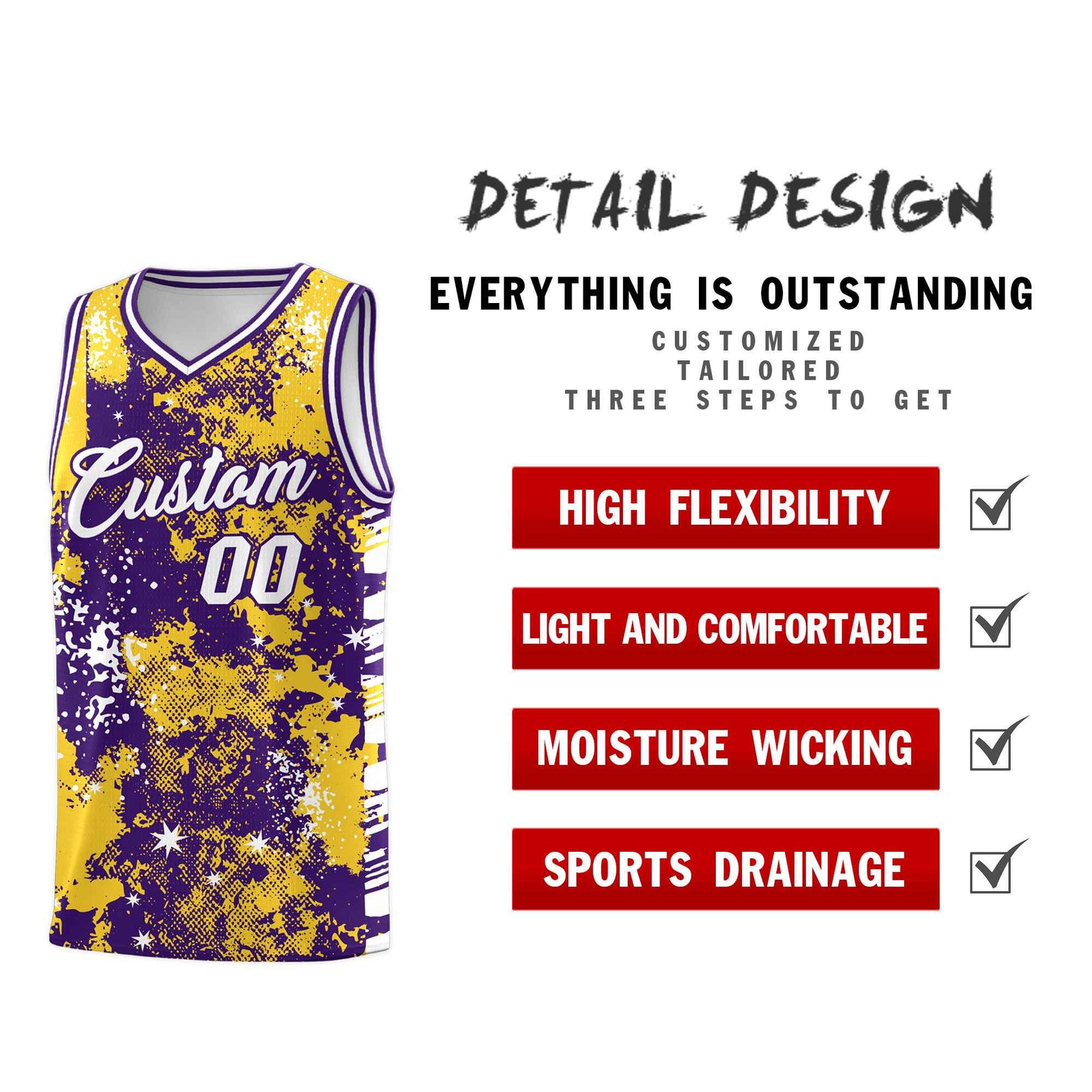Custom Gold Purple Vice Burst Galactic Graffiti Sublimation Printing Basketball Jersey