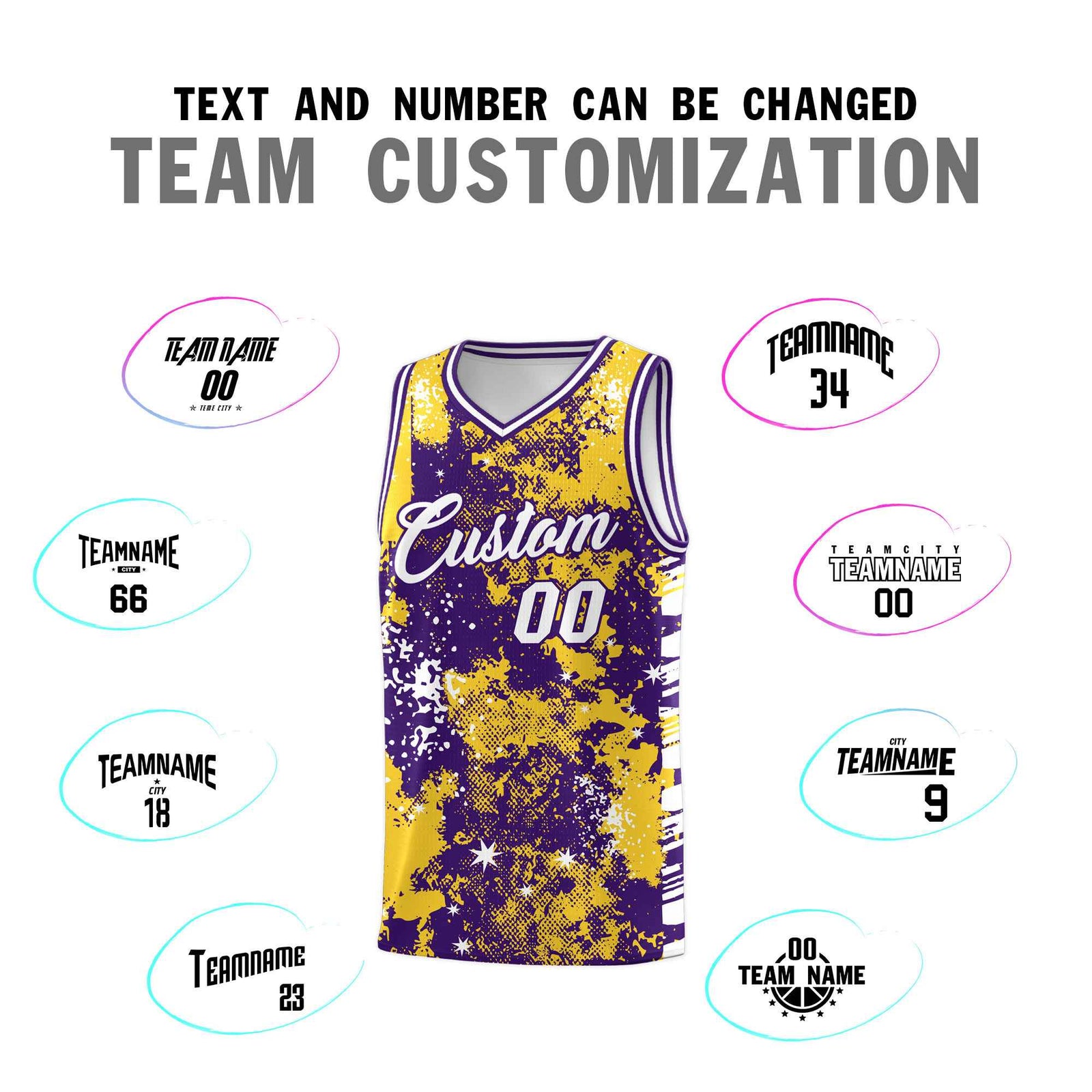 Custom Gold Purple Vice Burst Galactic Graffiti Sublimation Printing Basketball Jersey